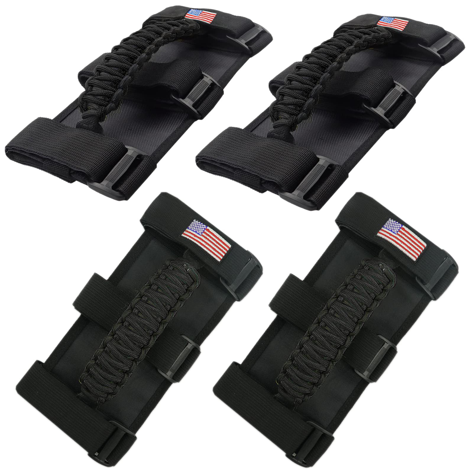 Jeep Roll Bar Grab Handles with US Flag Design - Compatible with Wrangler YJ TJ JK JKU JL JLU & Gladiator JT (1955-2023 Models) - Black 4-Piece Set - Off-Road Accessories for Enhanced Safety & Style