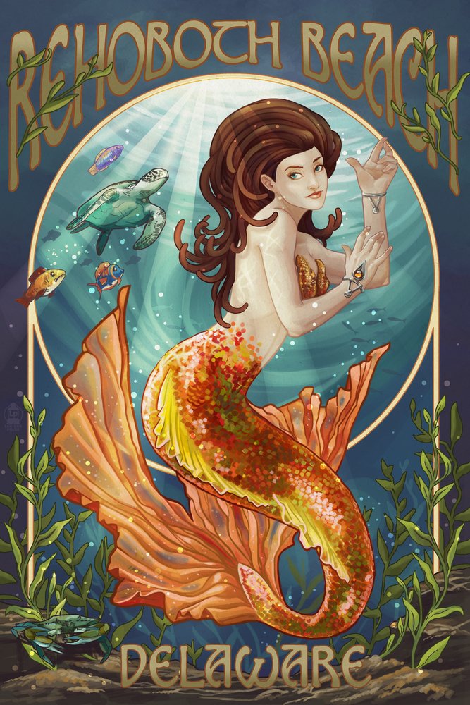 Lantern Press Rehoboth Beach Delaware Mermaid Wall Art - 16x24 Wrapped Canvas Print for Coastal Home Decor, Beach House Living Room & Bedroom Wall Decor