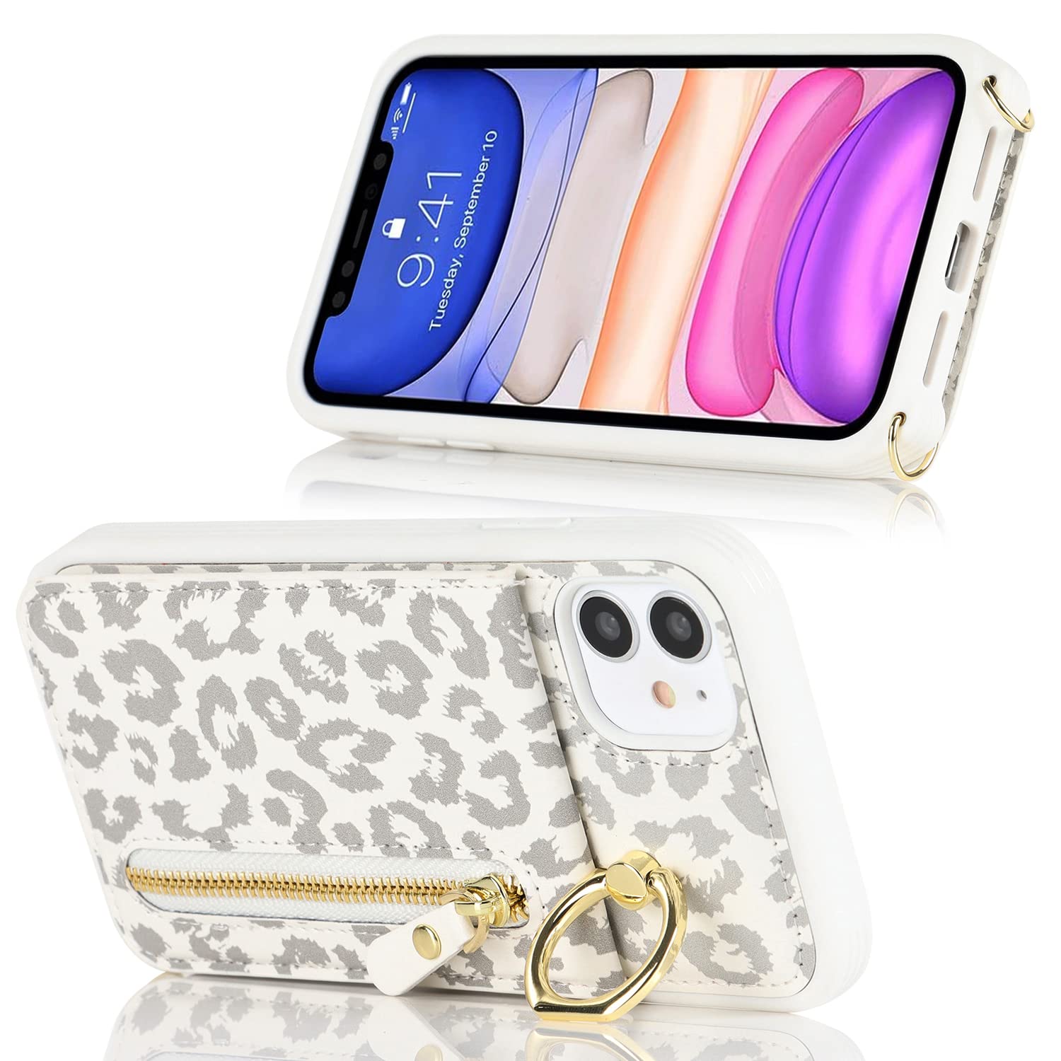 Premium Shockproof iPhone 11 Case with Card Holder & Crossbody Strap - Wallet Phone Case with Kickstand & Zipper Closure for Women | Perfect for Travel, Shopping & Everyday Use (White Leopard Design)