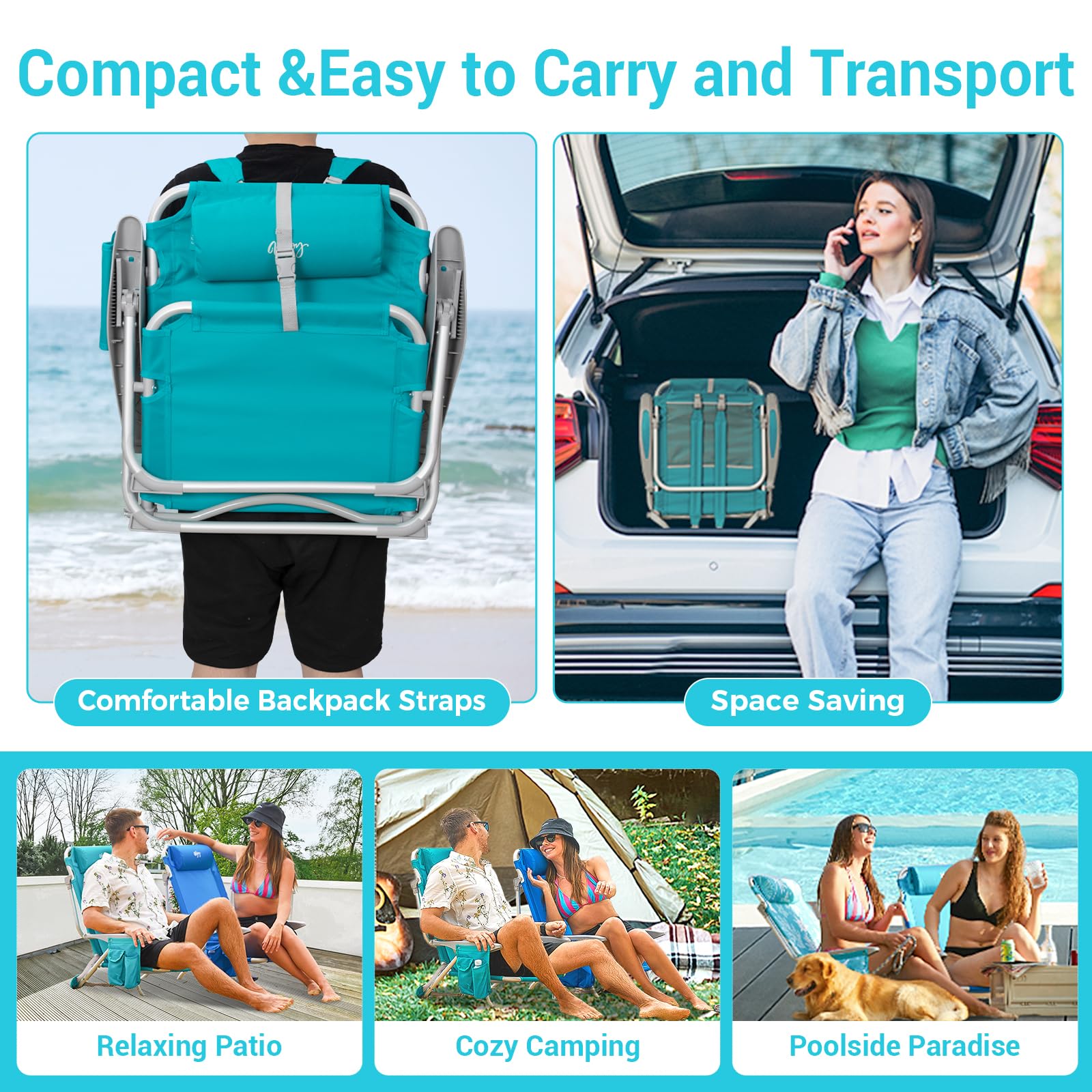WEJOY 4-Position Aluminum Folding Beach Chair for Adults - Lightweight Low Sand Chair with Shoulder Strap, Cup Holder & Padded Headrest - Supports 265lbs - Perfect for Beach, Lawn, Camping & Outdoor Relaxation (Cyan Pattern)