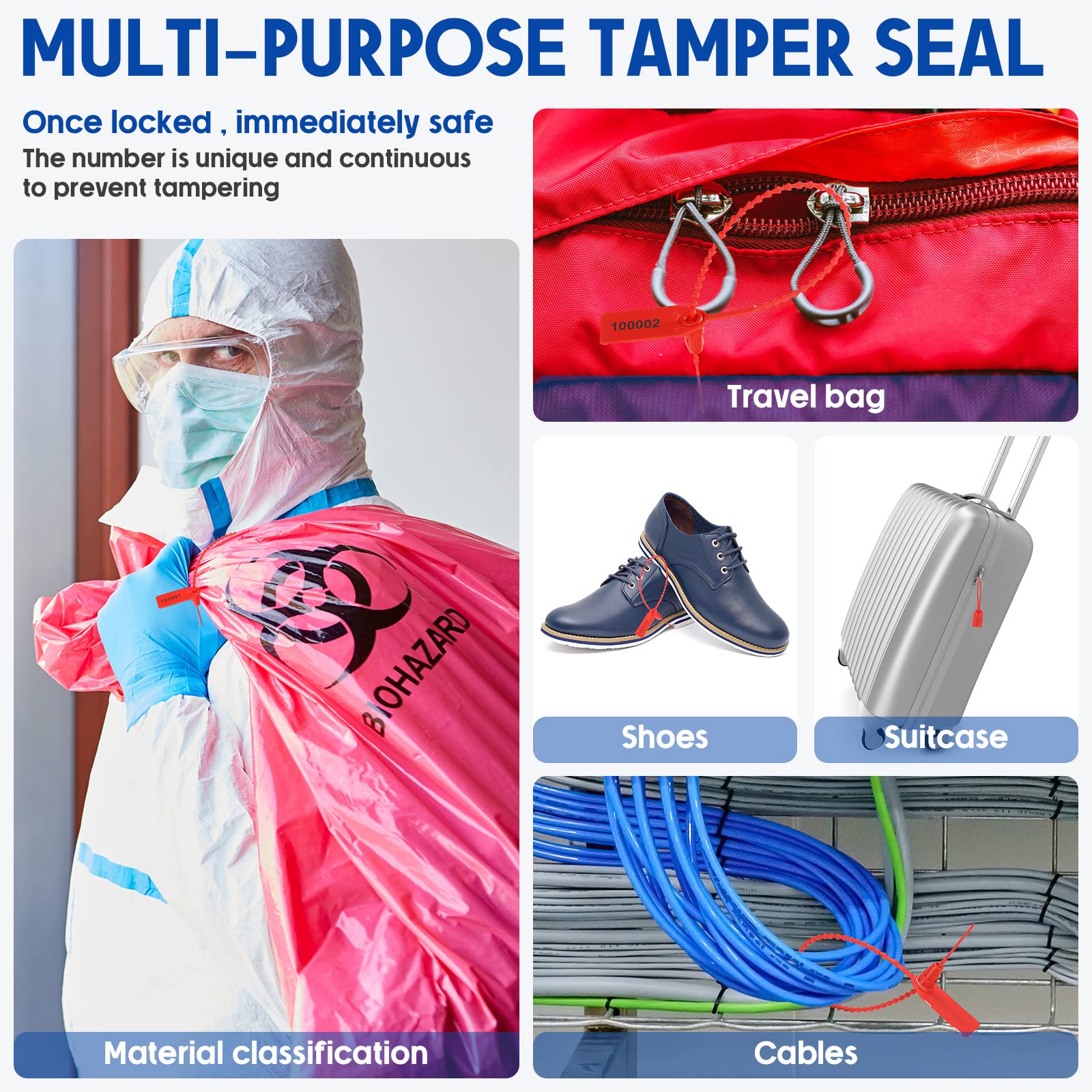 Roowest 2000 Pcs Plastic Tamper Proof Security Seals - Numbered Disposable Self-Locking Zip Ties for Fire Extinguishers, Equipment & Safety Signage (250mm Length, Red) | Ideal for Industrial Use, Warehouse Security & Safety Inspections