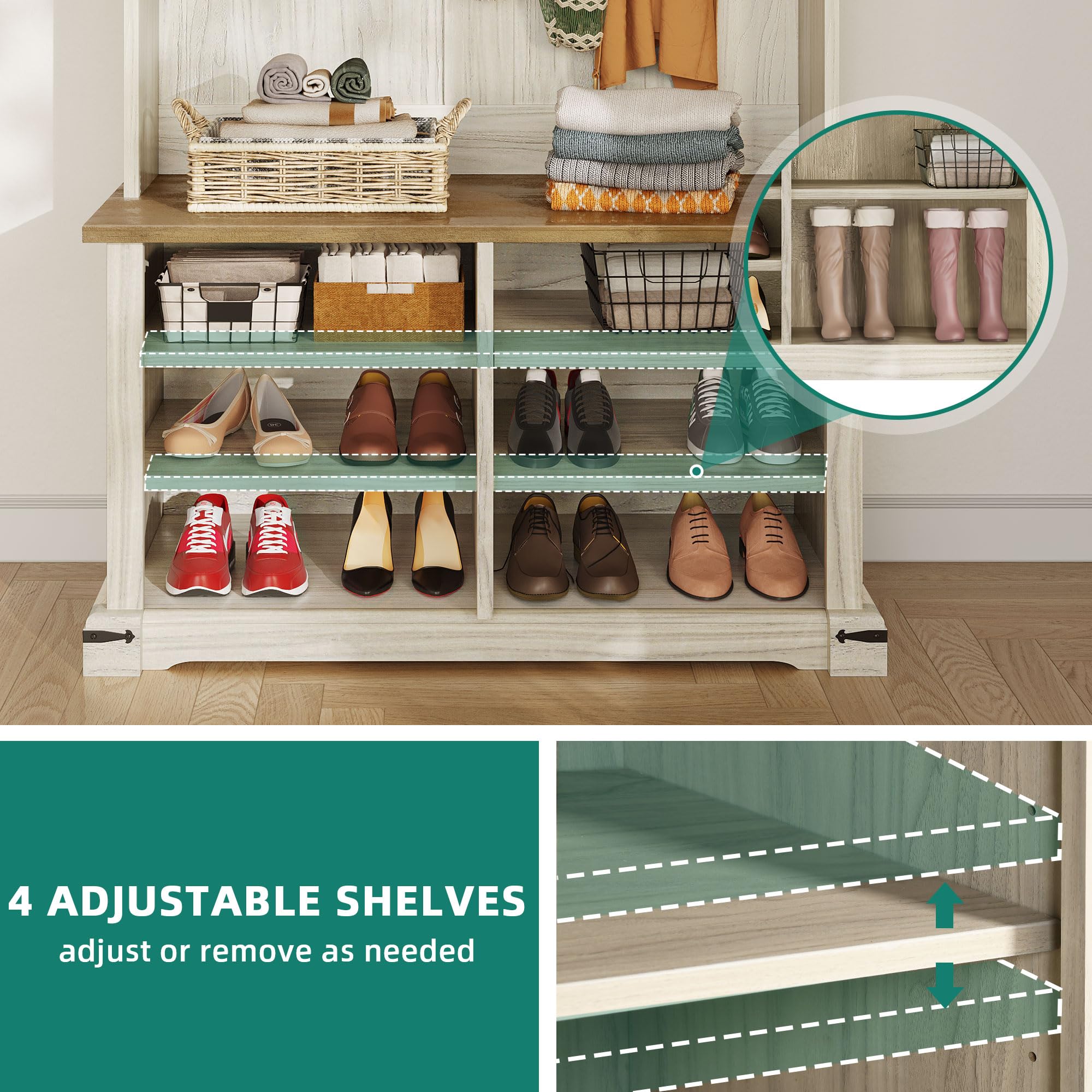 YITAHOME Farmhouse Entryway Hall Tree with Bench, Coat Rack & Shoe Storage - 7 Hooks, 6 Shoe Compartments & Adjustable Shelf - Perfect for Mudroom, Foyer or Front Porch Organization