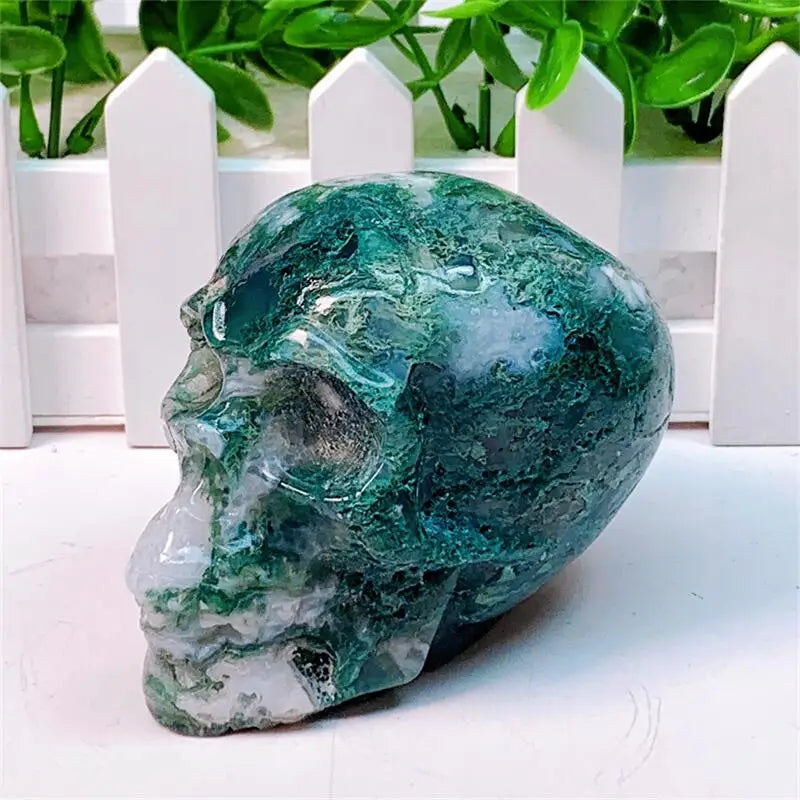 9CM Natural Moss Agate Skull Crystal Carving - Healing Energy Stone for Meditation, Halloween Gifts & Home Decor (1PC) | Perfect for Spiritual Healing, Yoga Spaces & Gothic Decorations