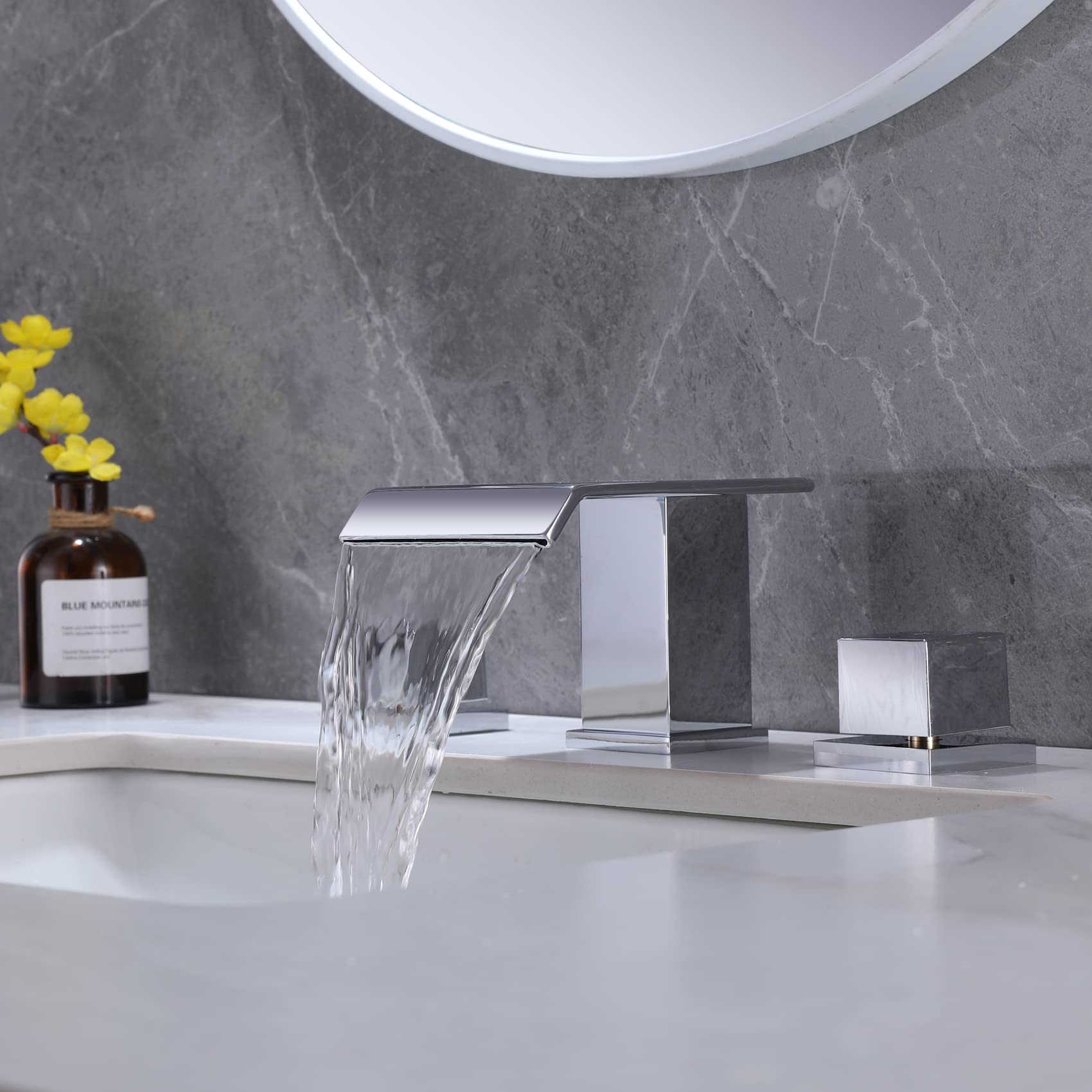 TapLong Solid Brass Modern Waterfall Bathroom Faucet - 3 Hole Deck Mount with 2 Square Handles, Chrome Finish for Bathroom Sink - Perfect for Contemporary Vanities and Spa-Inspired Bathrooms