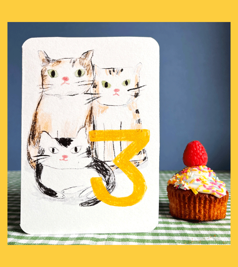Laura Skilbeck Handmade Cat Birthday Card for 3-Year-Olds - Perfect for Kids' Parties & Animal Lover Gifts