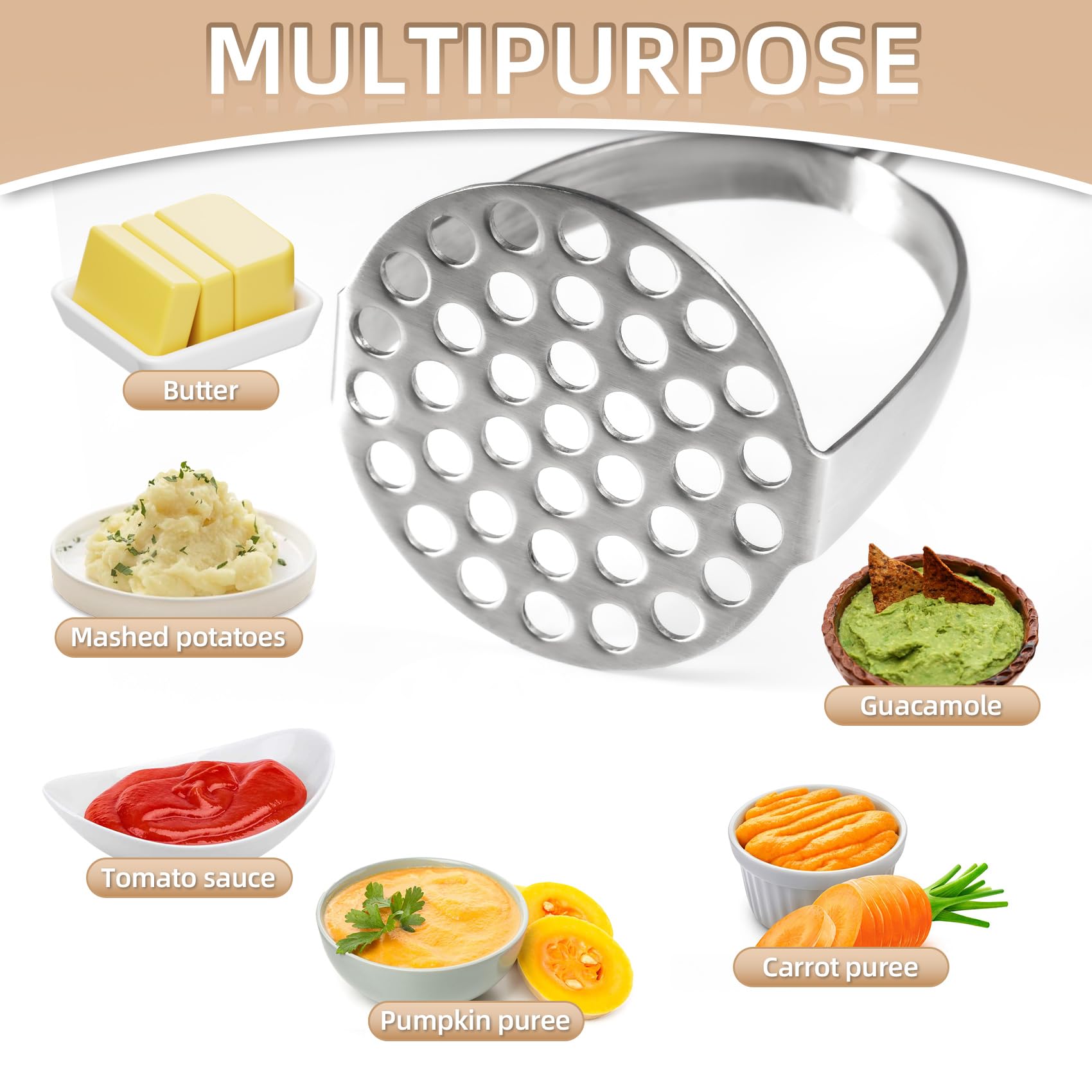 Stainless Steel Potato Masher with Wooden Handle - Heavy Duty 13.5 Inch Manual Masher for Potatoes, Avocados & Vegetables - Perfect for Mashing, Pureeing & Food Prep in Home Kitchens