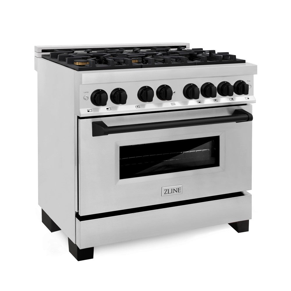 ZLINE Autograph Edition 36-inch Stainless Steel Dual Fuel Range & Range Hood Kitchen Package with Matte Black Accents - Professional Gas Stove & Powerful Ventilation for Home Chefs | Perfect for Modern Kitchens, Cooking Enthusiasts & Entertaining Guests