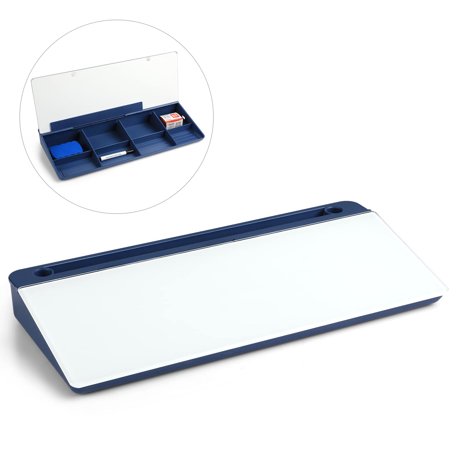 Glass Whiteboard for Desk - Dry Erase Board with Storage Caddy & Keyboard Stand - Office & Home Desk Organizer - Perfect for Notes, Reminders & School Supplies (Blue) - Ideal for Home Office, Classroom & Workspace Organization