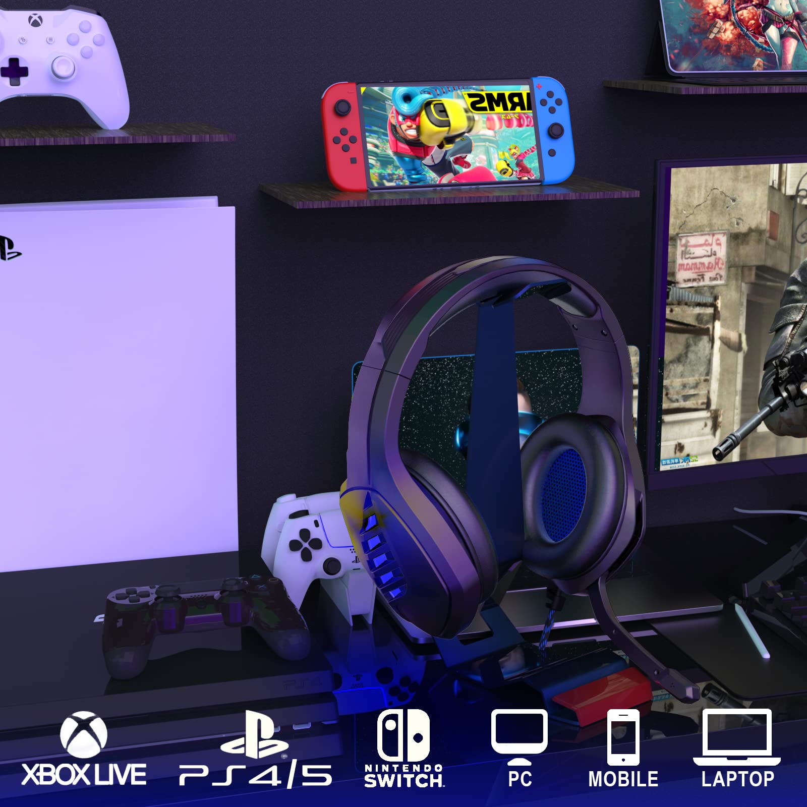 Best Gaming Headset with Noise Canceling Microphone for PC, PS4, PS5, Nintendo Switch, Xbox One & Series X|S - 3.5mm Wired Headphones with Clear Audio - Black & Blue Design - Perfect for Competitive Gaming & Online Chat