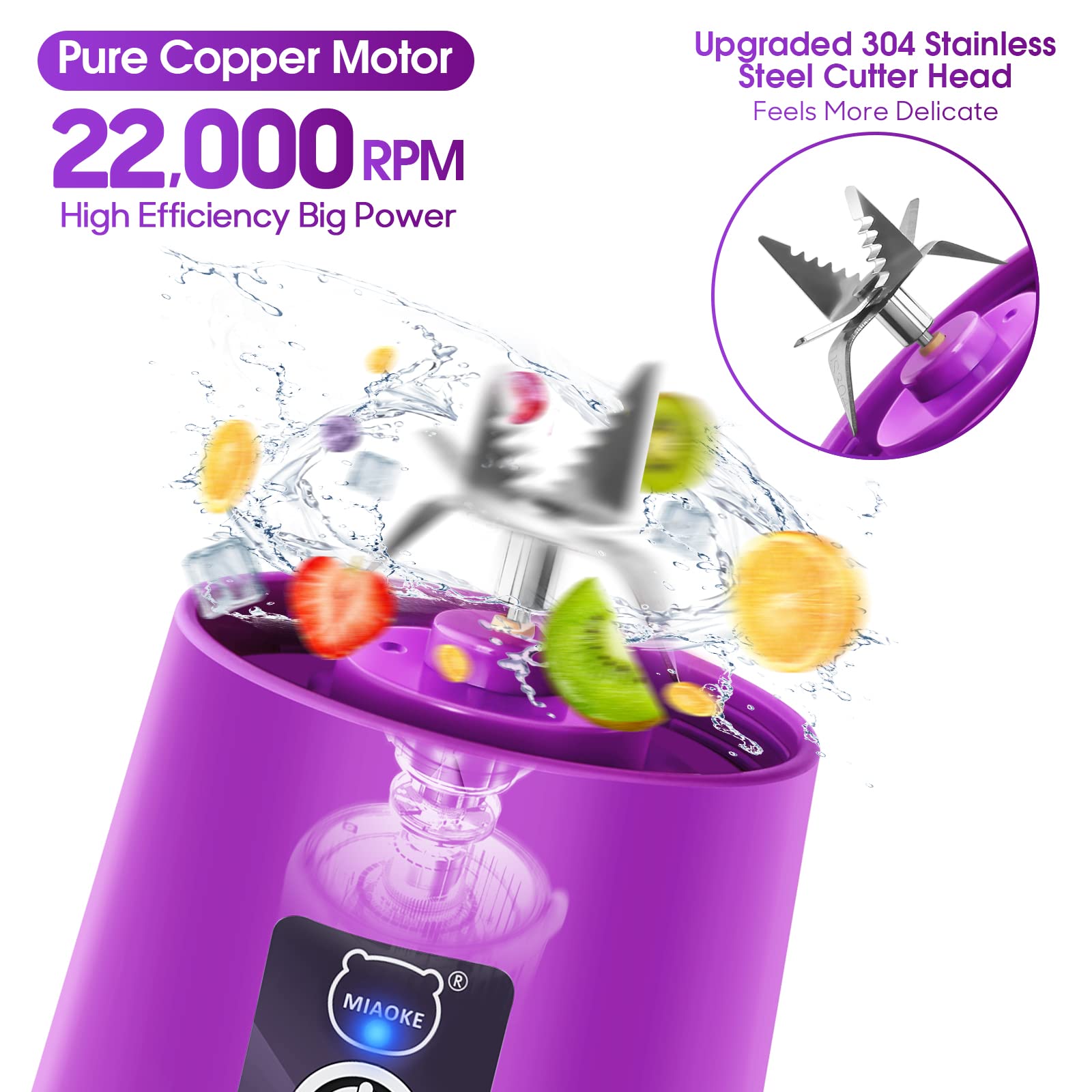 Portable USB Rechargeable Mini Blender - MIAOKE 3D 6-Blade Personal Smoothie Maker for Juice, Shakes & Drinks - Perfect for Home, Office, Gym & Travel - Dark Purple