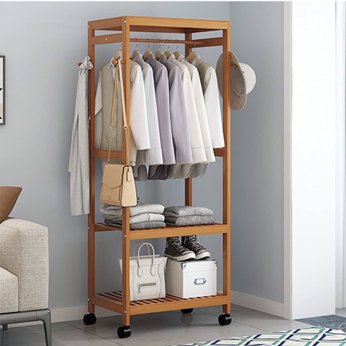 3-Tier Bamboo Clothing Rack with Wheels - 60CM Entryway Garment Organizer for Coats, Shoes & Clothes Storage | Perfect for Bedroom, Closet & Small Space Organization