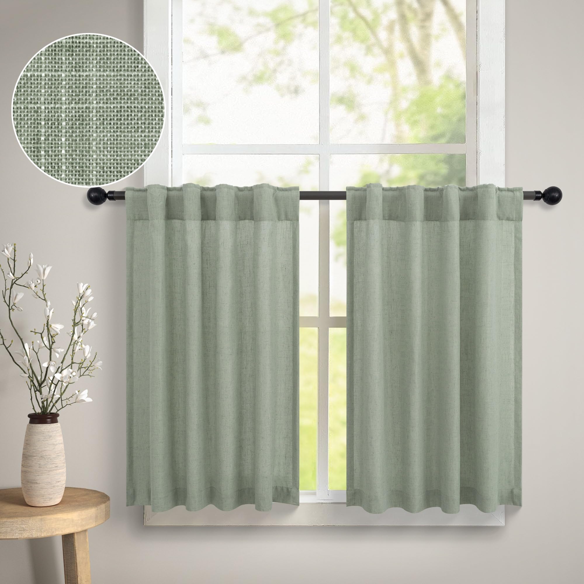 Sage Green Cafe Curtains 30x30 Inches - 2 Panels, Semi-Sheer Linen, Back Tab Pocket Design for Kitchen Window Over Sink | Perfect for Bathroom, Living Room & Small Windows | Light Filtering, Decorative Tier Curtains