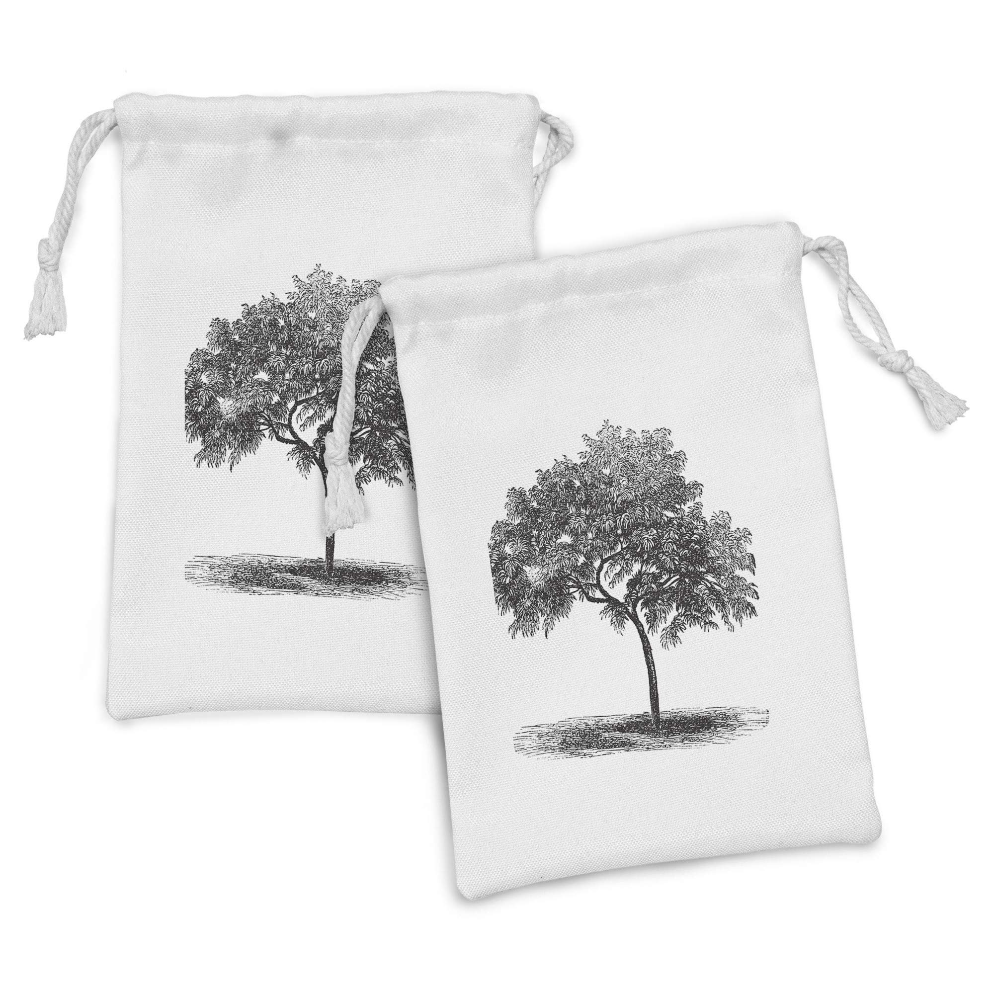 Ambesonne Vintage Botany Fabric Pouch Set of 2 - Engraved Tree Foliage Art Drawstring Bags (9
