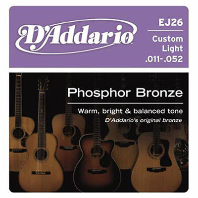 D'Addario EJ26 Phosphor Bronze Custom Light Acoustic Guitar Strings - Bright Tone & Long Life for Folk, Country & Fingerstyle Playing