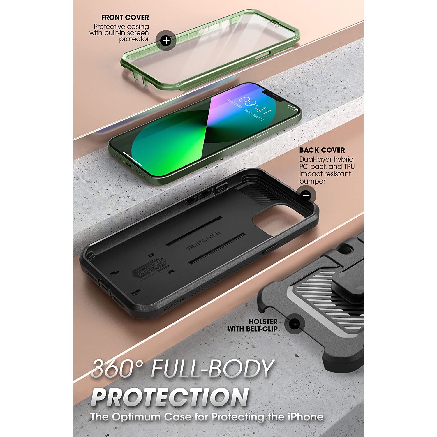 iPhone 13 6.1 Inch Shockproof Case - Unicorn Beetle Pro Heavy Duty Rugged Cover with Screen Protector, Dark Green - Perfect for Outdoor, Work & Extreme Sports Protection