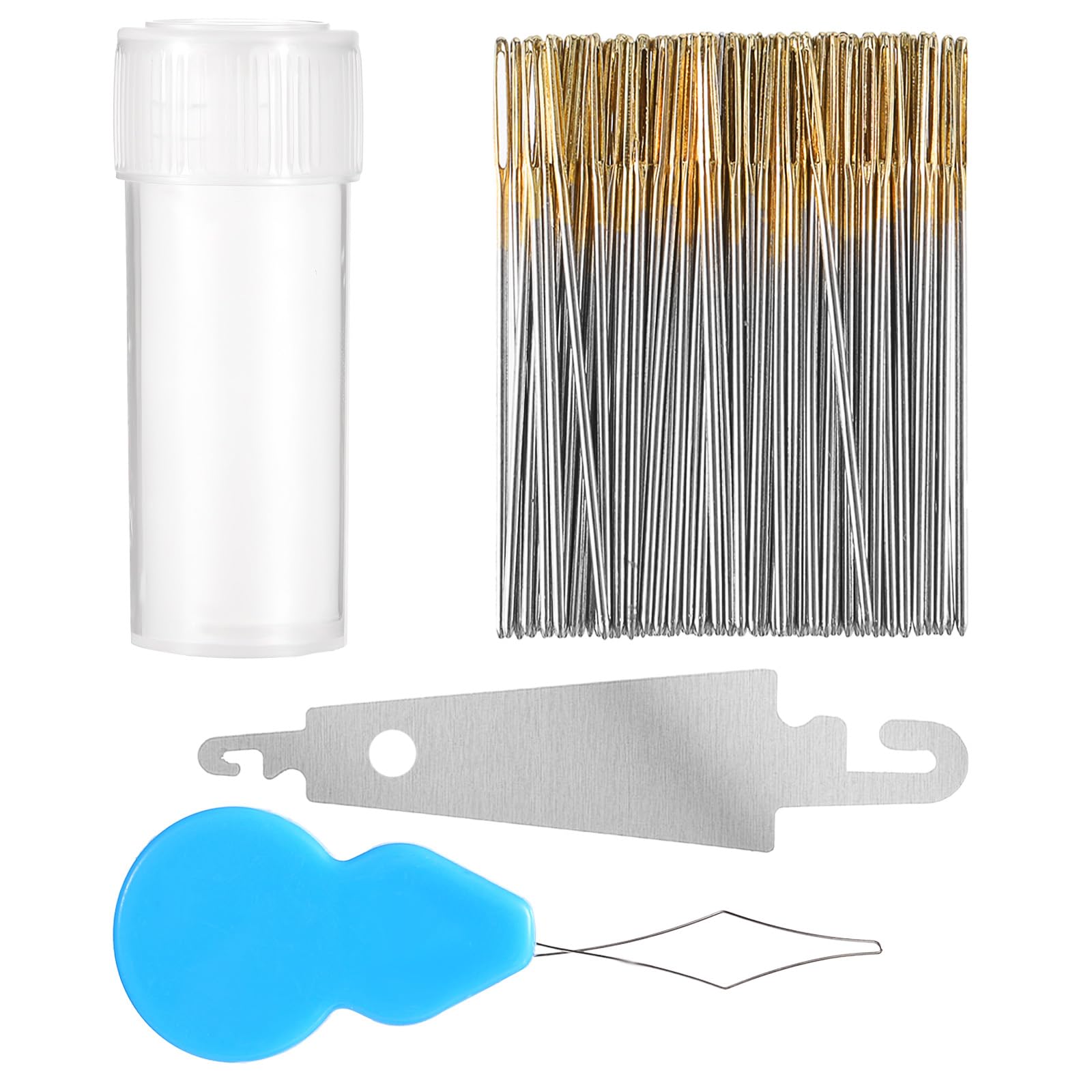 100pcs Golden Cross Stitch Needles with Large Eyes & 2 Needle Threaders - DIY Embroidery Hand Sewing Needles Set in Transparent Box - Perfect for Cross Stitch Kits, Needlepoint, and Hand Embroidery Projects
