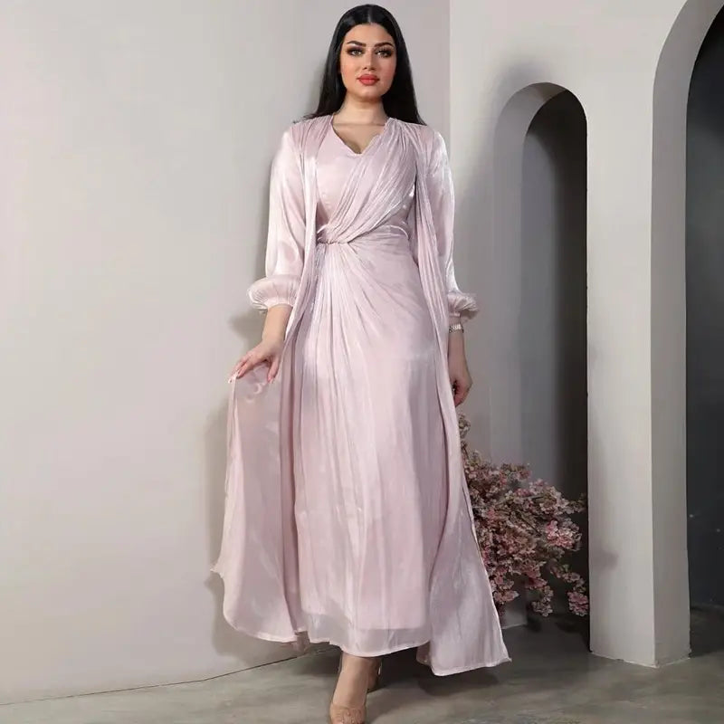 2 Piece Set Bright Satin Open Abaya Dress with Inner Sleeveless Dress - Muslim Prayer Dress, Eid Outfit, Ramadan Fashion, Modest Evening Wear for Women
