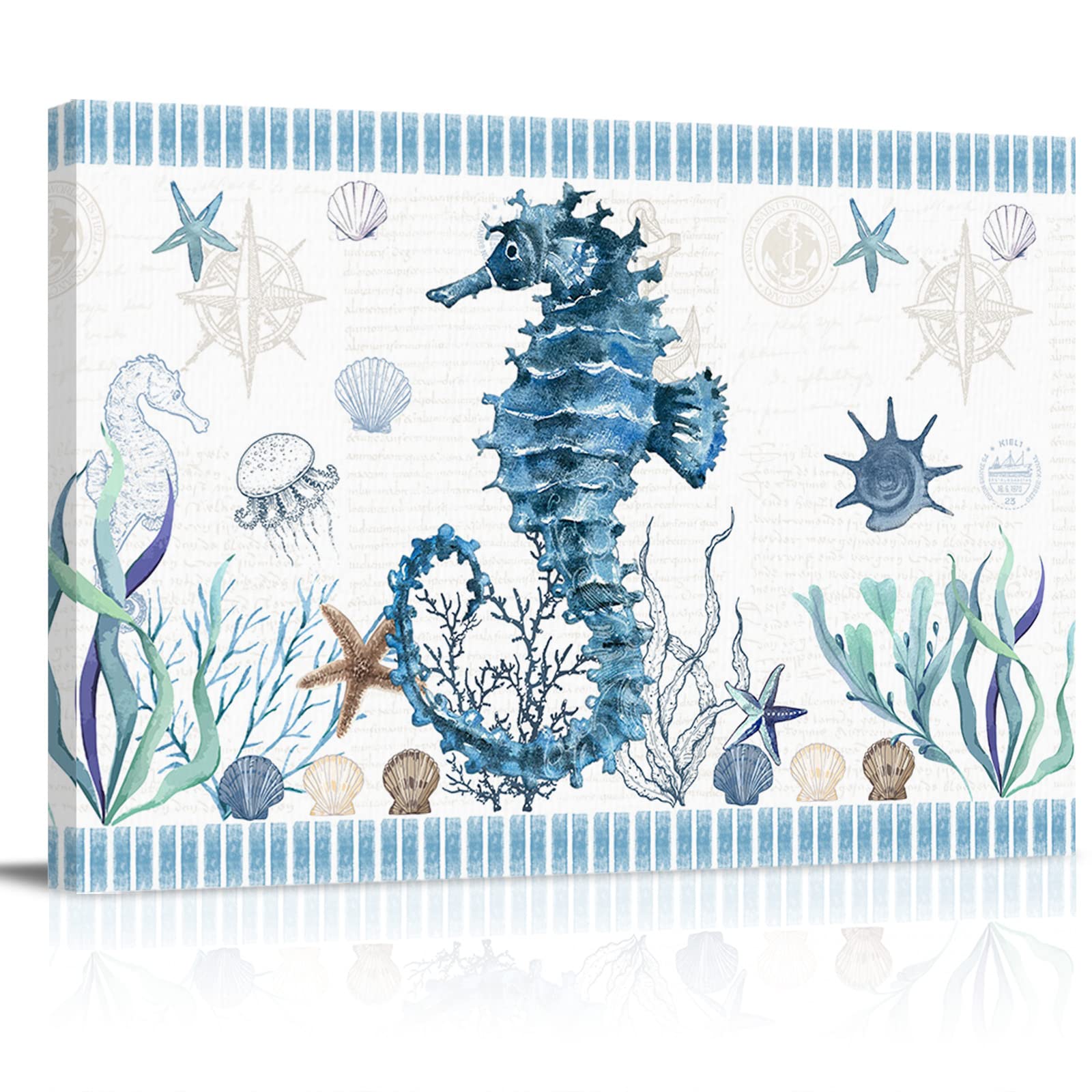 Coastal Seahorse Ocean Shell Starfish Blue Stripe Canvas Wall Art - Framed Stretched Oil Painting Print for Living Room, Bedroom, Home Decor (12x18 Inch) | Perfect Beach House Wall Decor & Coastal Theme Gift Idea