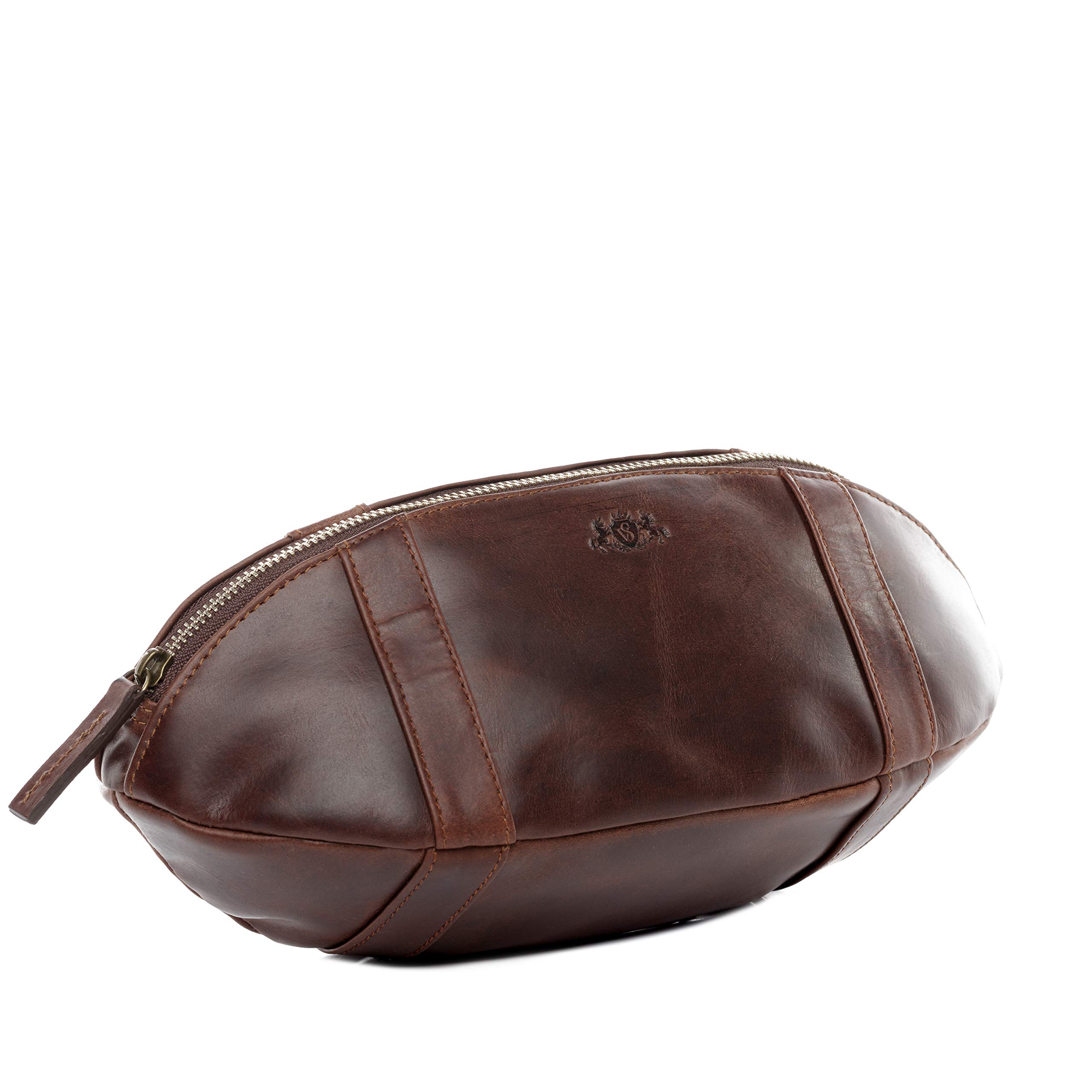 Premium Full Grain Leather Toiletry Bag for Men & Women - American Football Design Travel Cosmetic Organizer for Gym, Shaving & Overnight Trips (Brown) - Perfect for Business Travel, Camping & Weekend Getaways