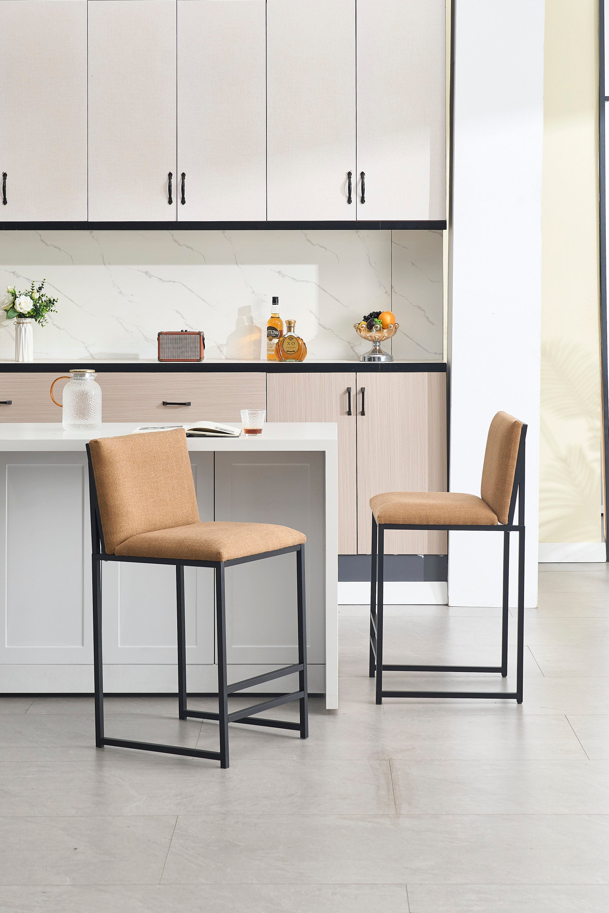 2-Pack Counter Height Bar Stools with Upholstered Linen Seats & Metal Footrest - Modern Kitchen Island Stools for Dining Room, Breakfast Nook, Coffee Shop or Home Bar (Black/Gray)