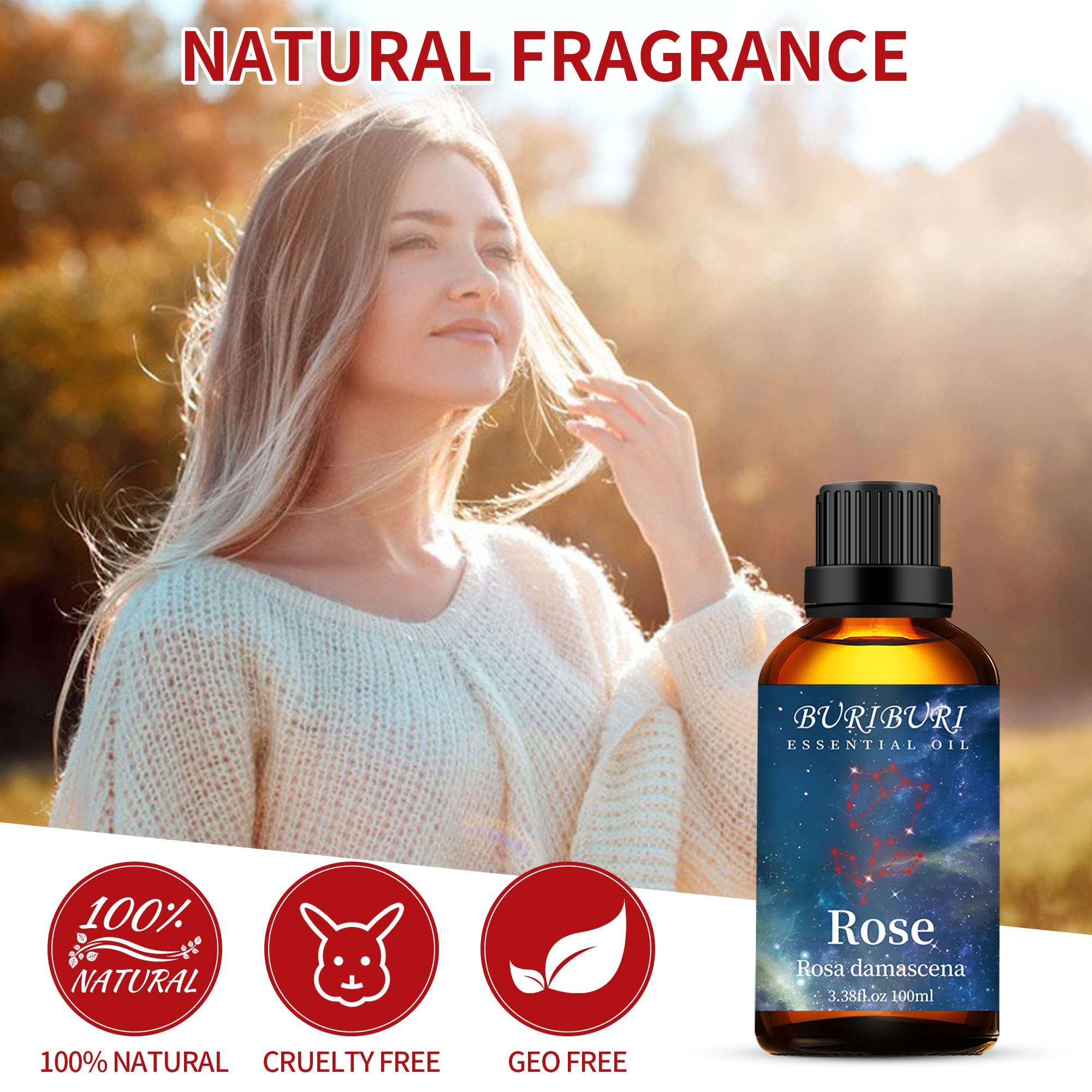 100% Pure Natural Undiluted BURIBURI Rose Essential Oil 3.38 fl.oz (100ml) - Aromatherapy Gift Set for Soap Making, Candle Making, Massage, Diffuser & Humidifier | Perfect for Relaxation, Skin Care & Home Fragrance
