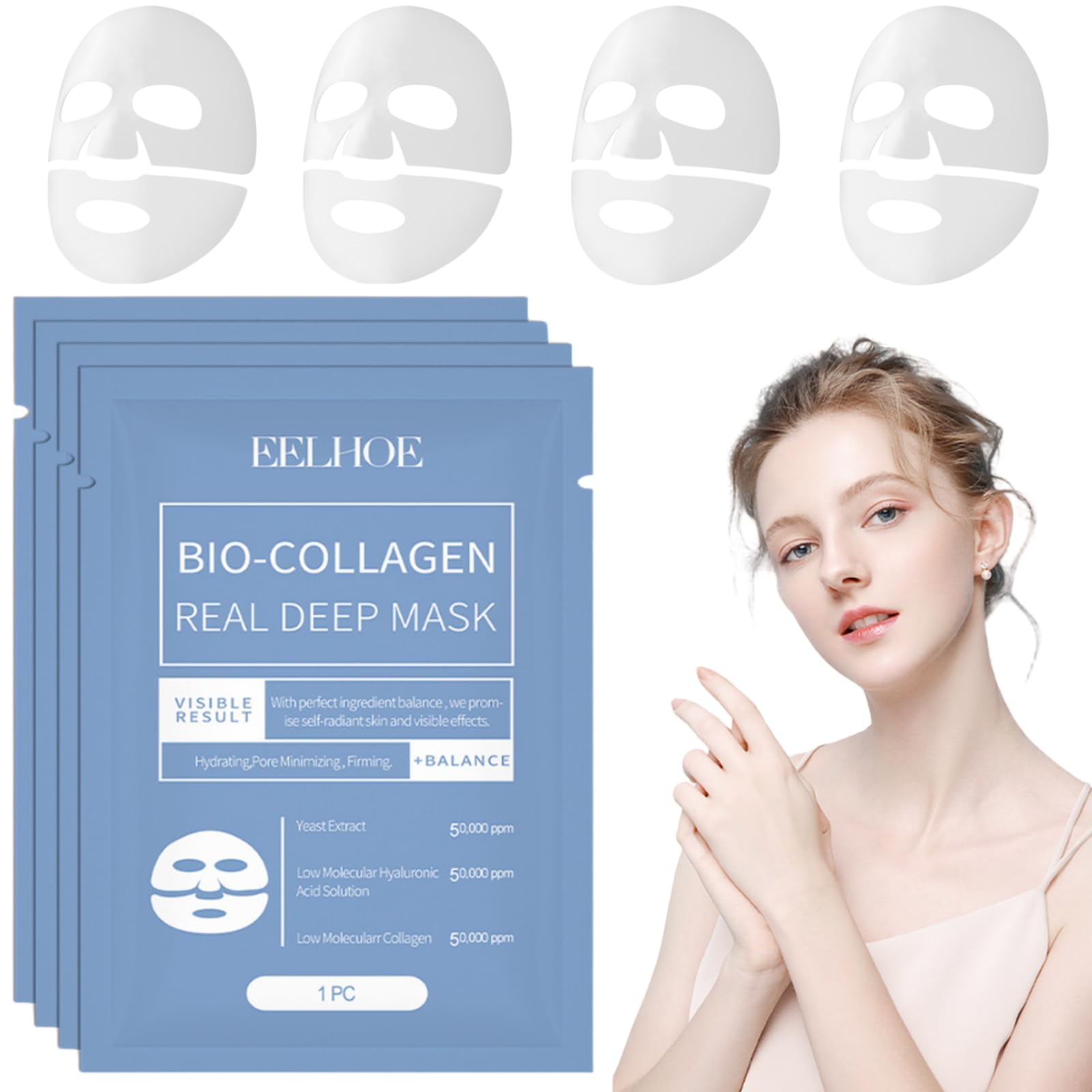 4PCS Bio Collagen Face Mask for Hydration & Anti-Aging - Korean Glass Skin Treatment, Deep Moisturizing Sheet Mask for Glowing Skin - Perfect for Night Routine, Spa Days & Self-Care