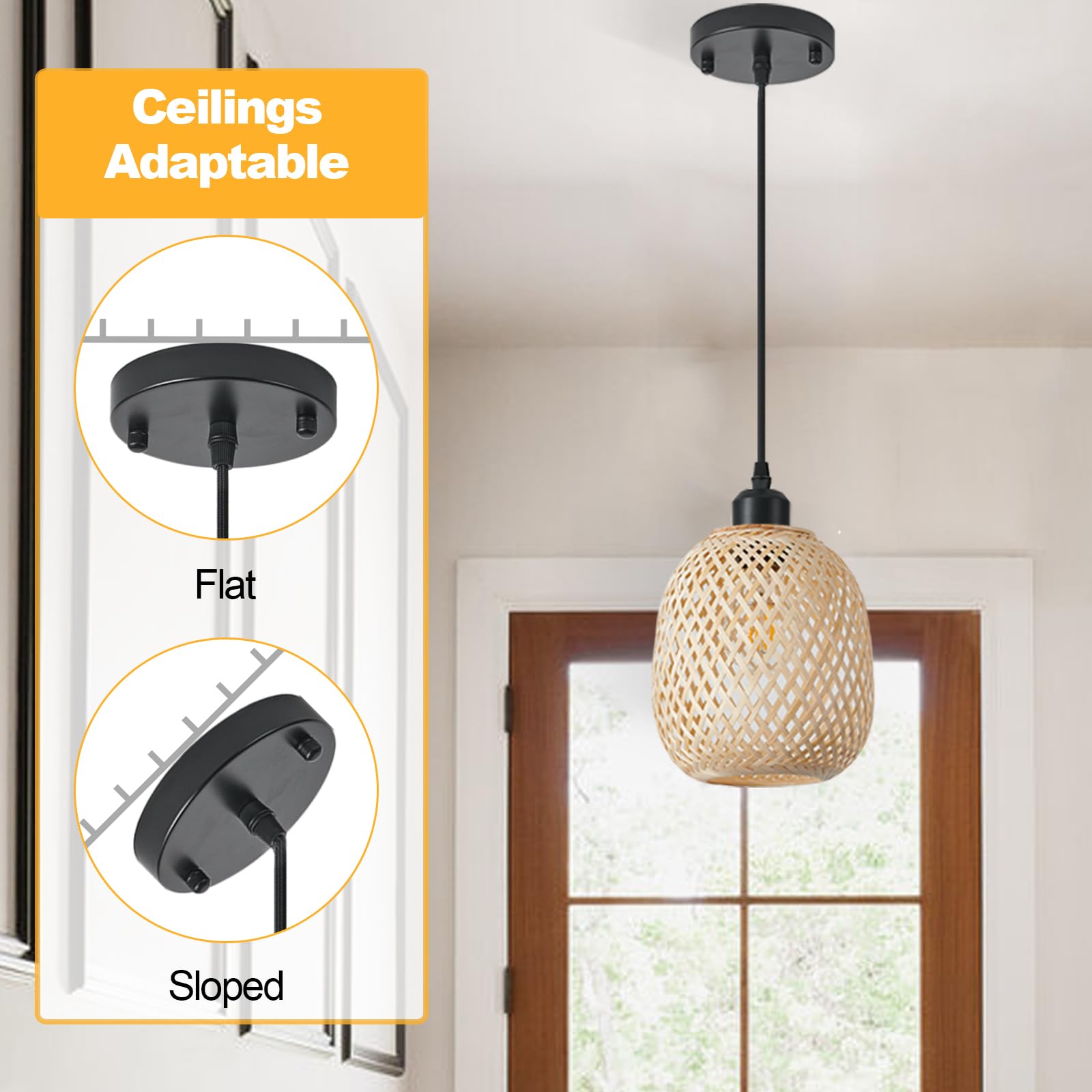 TERLEENART Set of 2 Bohemian Rattan Pendant Lights - Mid Century Modern Woven Bamboo Chandeliers for Kitchen, Dining Room, Living Room & Bedroom - Perfect for Farmhouse, Coastal & Boho Decor Styles