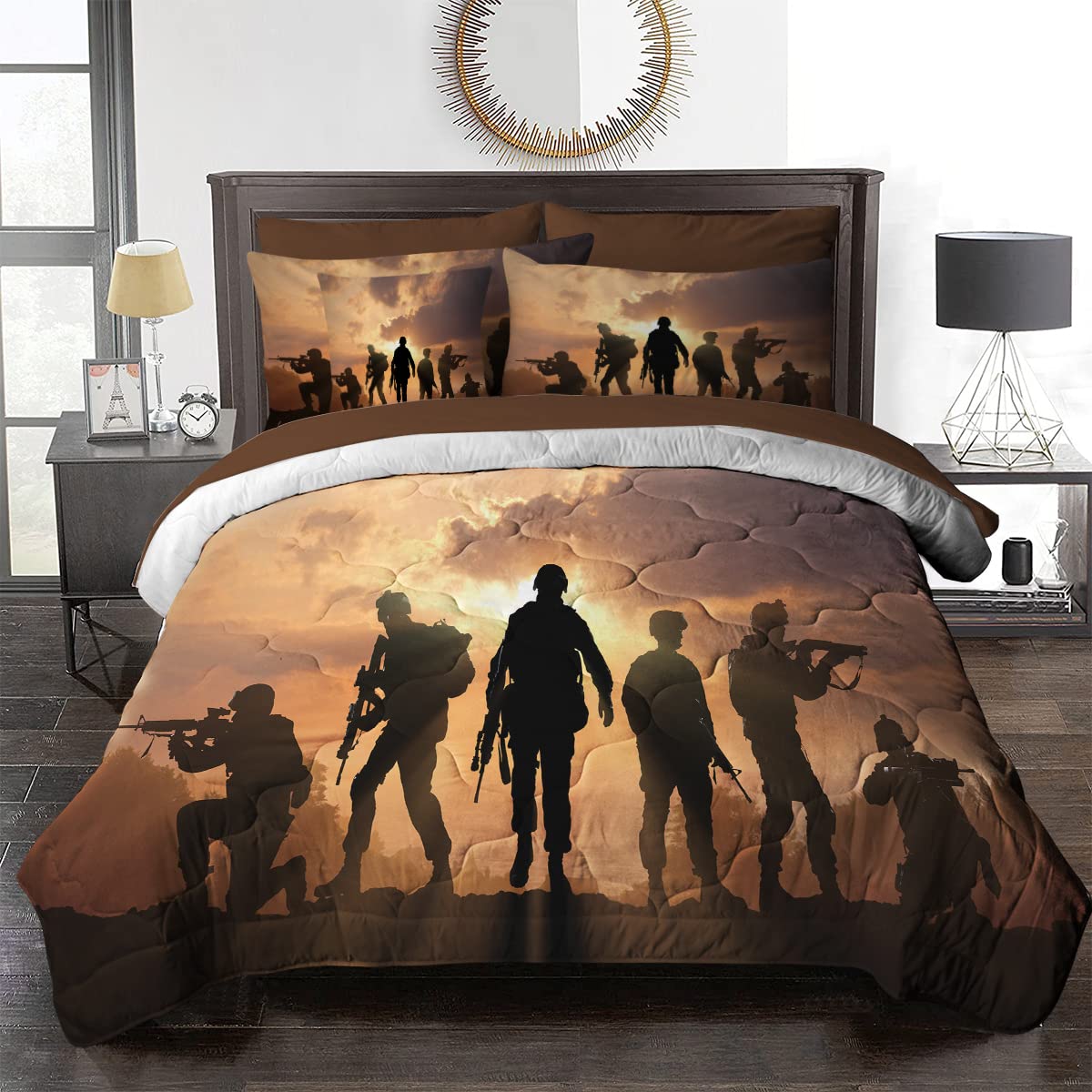 BlessLiving Soldier Comforter Set - 8 Piece Military Themed King Size Bedding Set with Comforter, Sheets, Pillowcases, Shams & Cushion Cover (Orange & Grey) - Perfect for Army Enthusiasts, Military Decor, and War Movie Themed Bedrooms