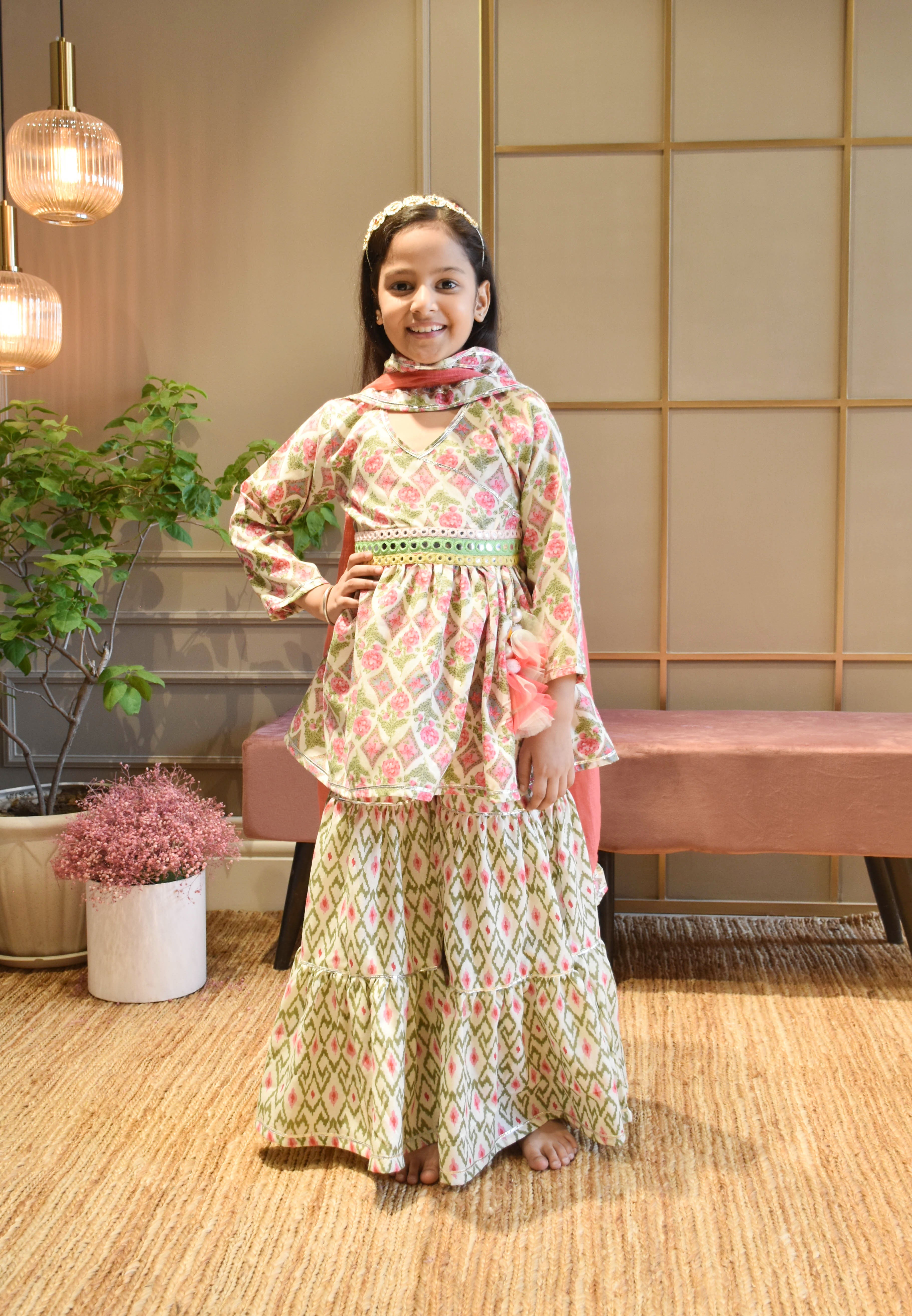 Pre Order: Coral Floral Print Kurti Sharara - Stylish Indian Ethnic Outfit for Women | Perfect for Weddings, Festivals & Special Occasions