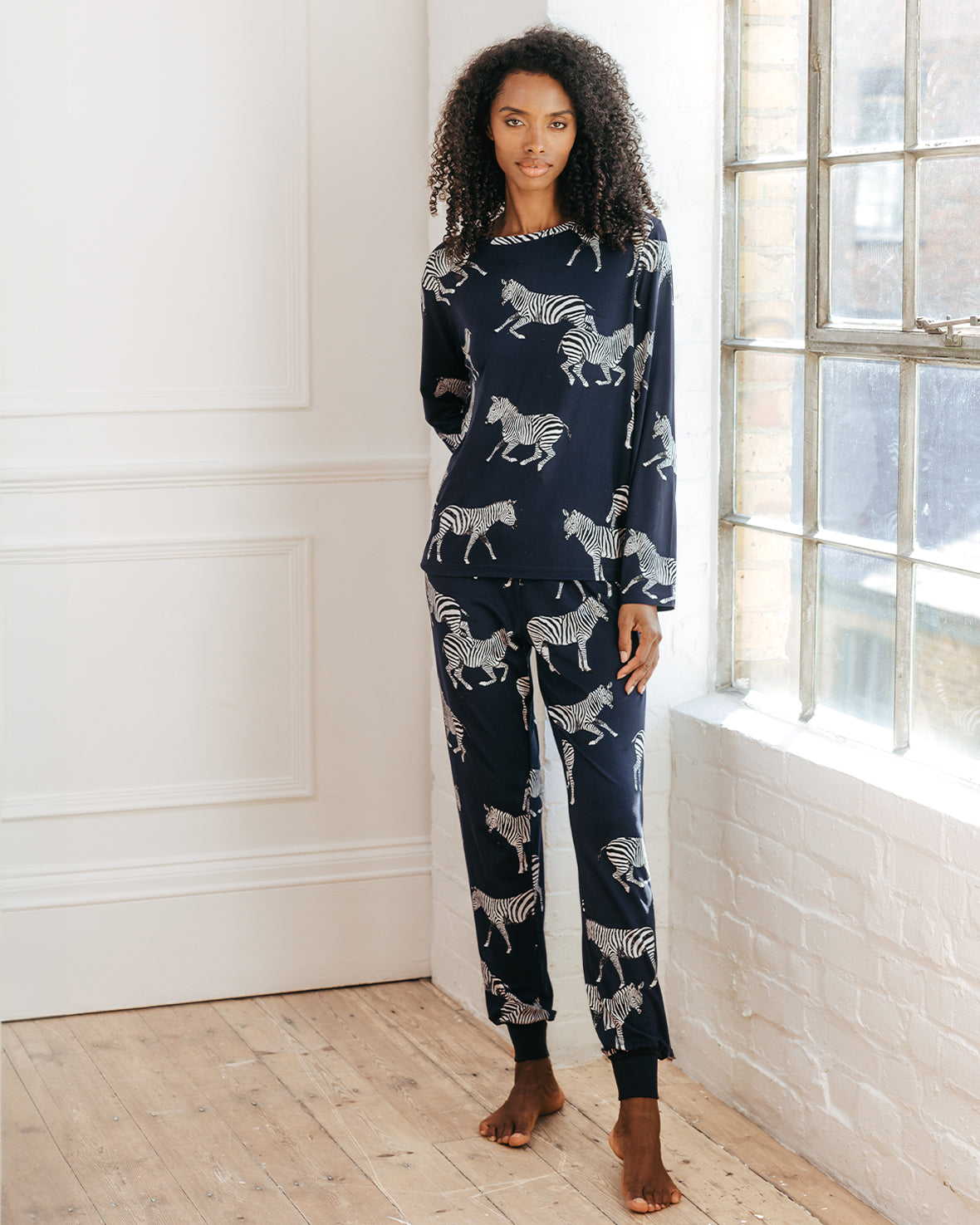 Zebra Print Long Sleeve Pajama Set for Women - Soft & Comfortable Navy Blue Sleepwear - Perfect for Lounging, Sleeping & Relaxing at Home