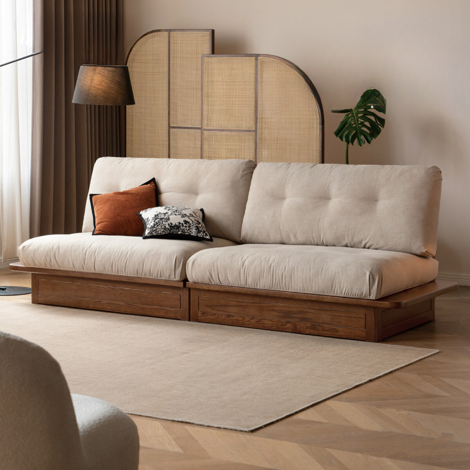Modern Oak Solid Wood Upholstered Fabric Sofa - Durable & Stylish Living Room Furniture for Home Decor