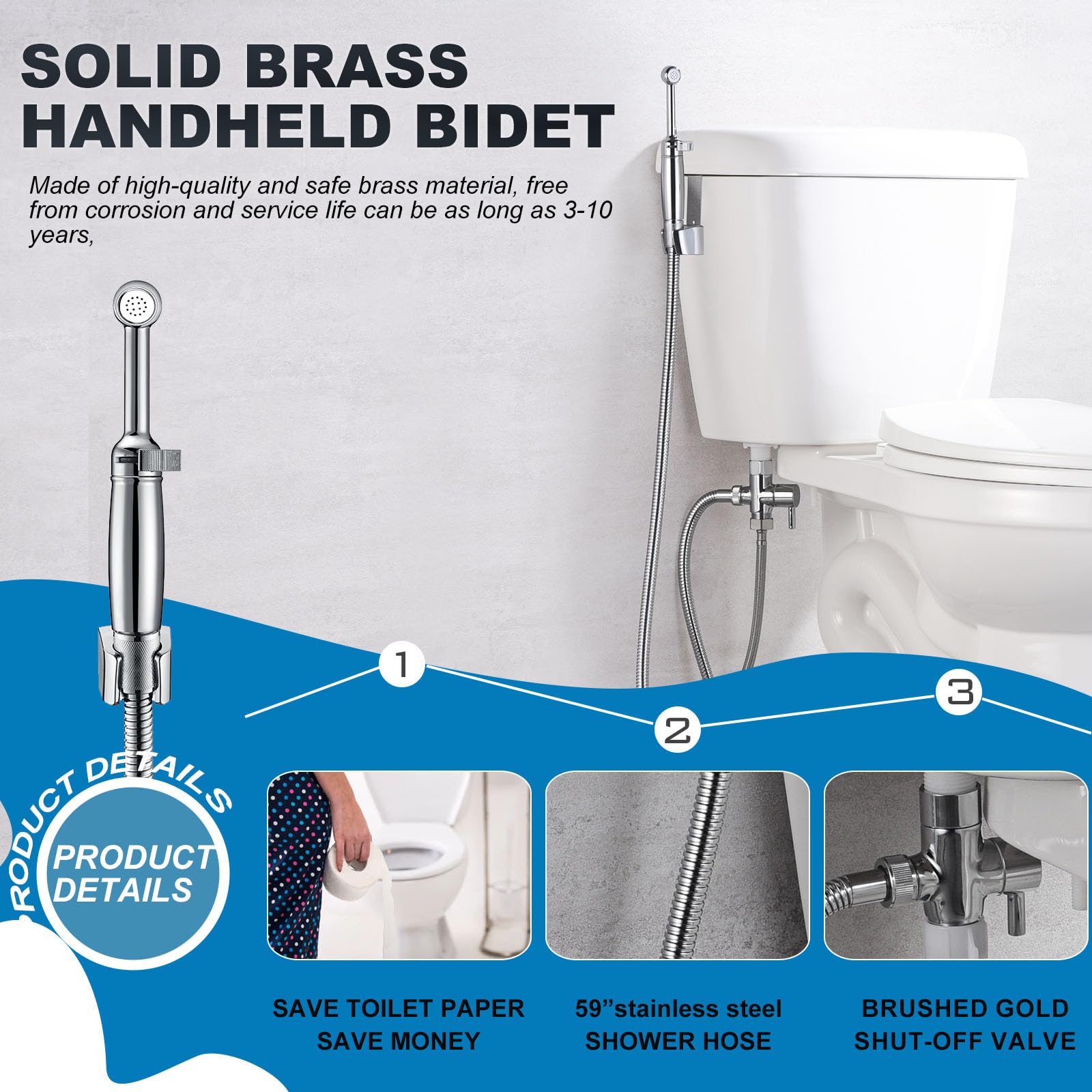 Brass Handheld Bidet Sprayer for Toilet - All Metal Diaper Sprayer with Backflow Preventer & Adjustable Water Jet - 7.2