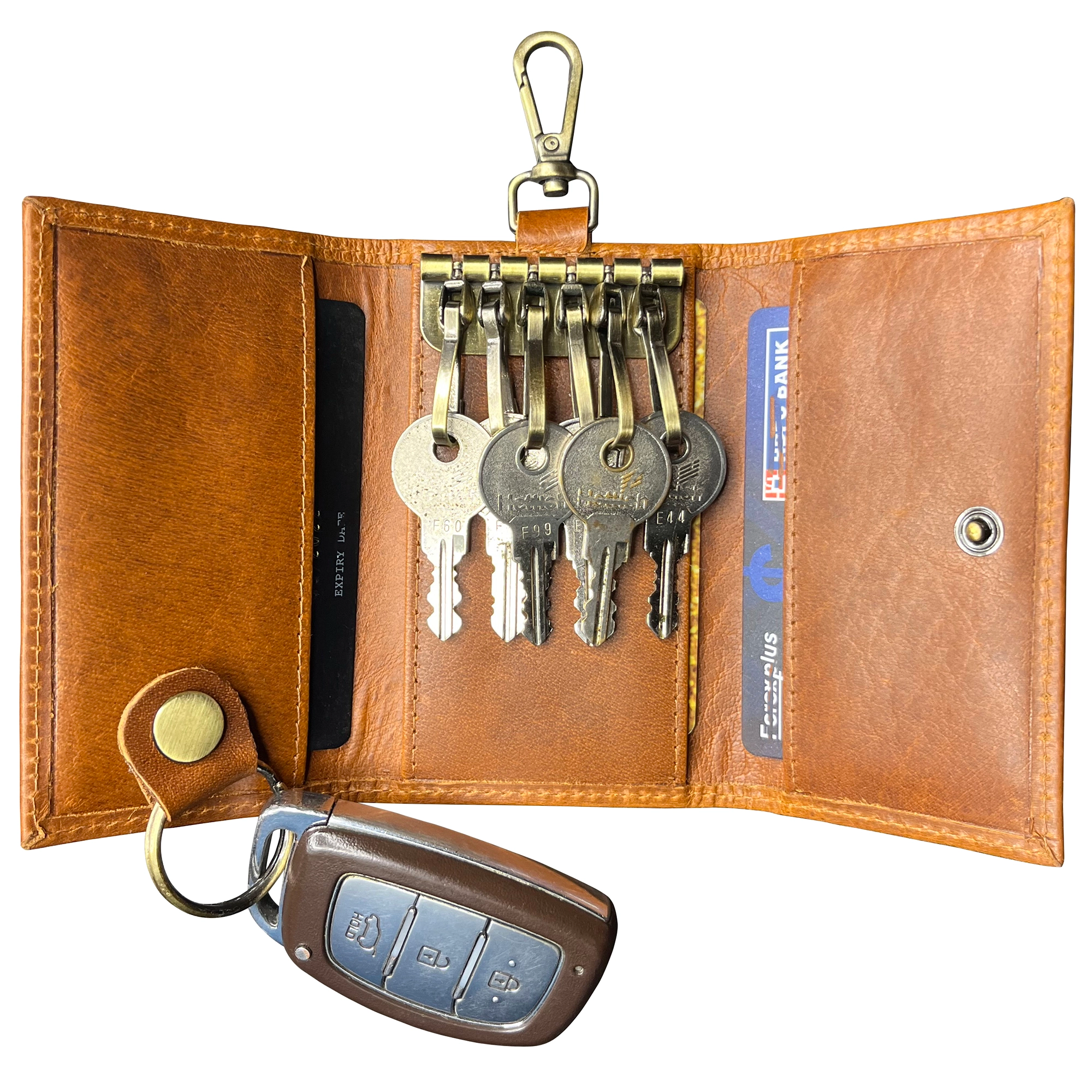 Genuine Leather Key Holder - Smart Fob Car Key Loop with Slim Keychain for Men & Women (Cognac Brown) - Perfect for Organizing Keys, Car Fobs & Daily Essentials