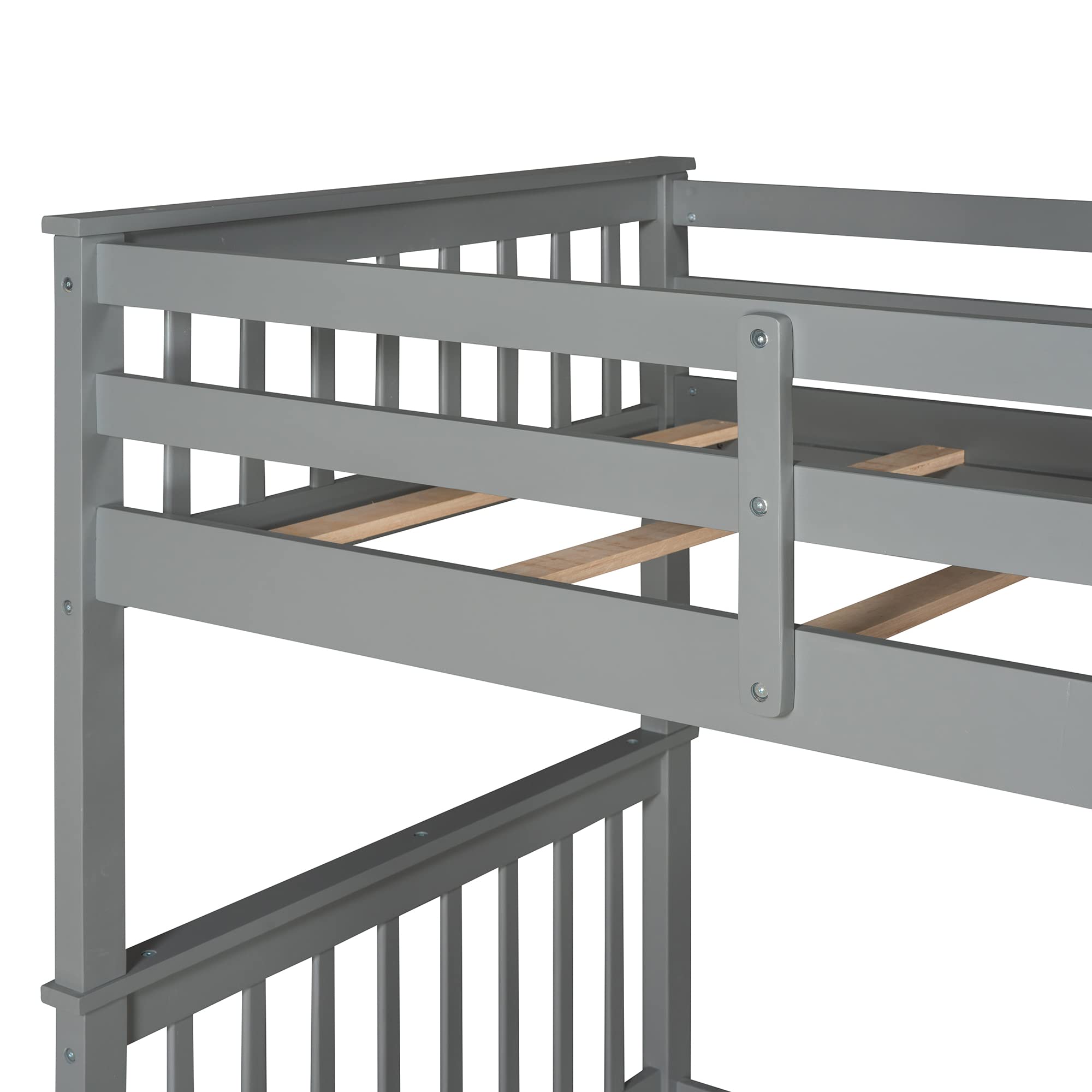 P PURLOVE Twin Over Twin Bunk Bed with 2 Drawers & Ladder - Convertible to 2 Separate Twin Beds - Solid Wood Frame with Slat Support - No Box Spring Needed - Space Saving Gray Bunk Bed for Kids, Teens & Guest Rooms