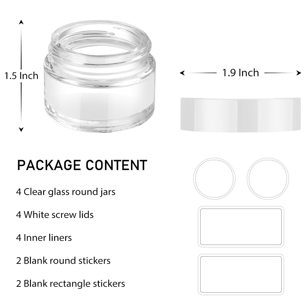 4 Pack 1oz Small Glass Jars with Airtight White Lids & Inner Liners - Mini Travel Containers for Cosmetics, Slime, Creams, Lotions - Perfect for Makeup Storage, DIY Projects & Toiletries Travel Kit