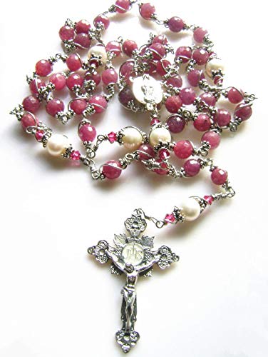 Handmade 925 Sterling Silver Ruby Beads Rosary Cross Catholic Necklace - Elegant Religious Jewelry Gift Box for Prayer, Worship & Special Occasions