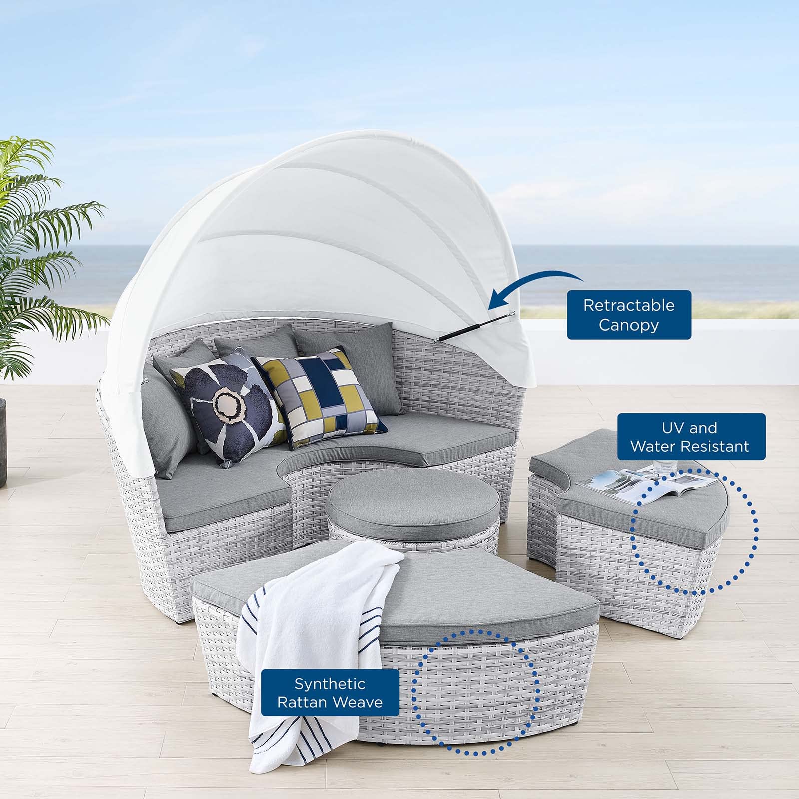 Modway Scottsdale Light Gray Outdoor Patio Sectional Daybed - Wicker Rattan Canopy Sofa for Garden, Poolside & Backyard Relaxation