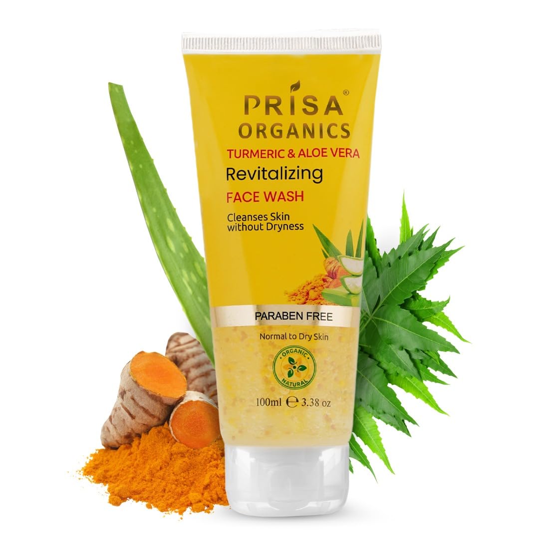 Prisa Organics Turmeric & Aloe Vera Revitalizing Face Wash - Natural Acne Control for All Skin Types | Fights Pimples & Blackheads | Paraben-Free 100ml | Daily Cleansing & Skin Brightening for Men & Women