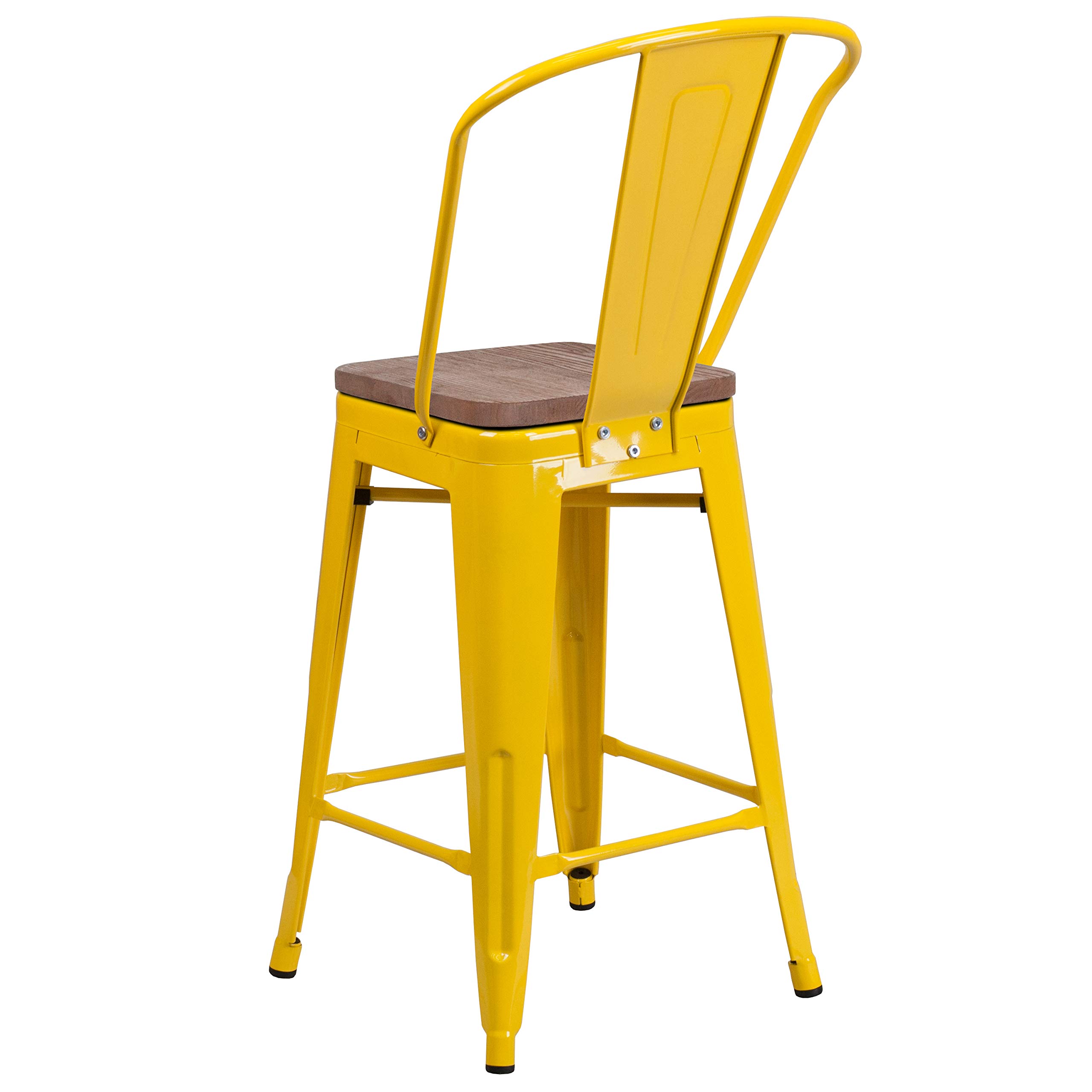 EMMA + OLIVER 24 Inch Yellow Metal Counter Height Bar Stool with Backrest and Solid Wood Seat - Perfect for Kitchen Islands, Breakfast Bars & Home Decor
