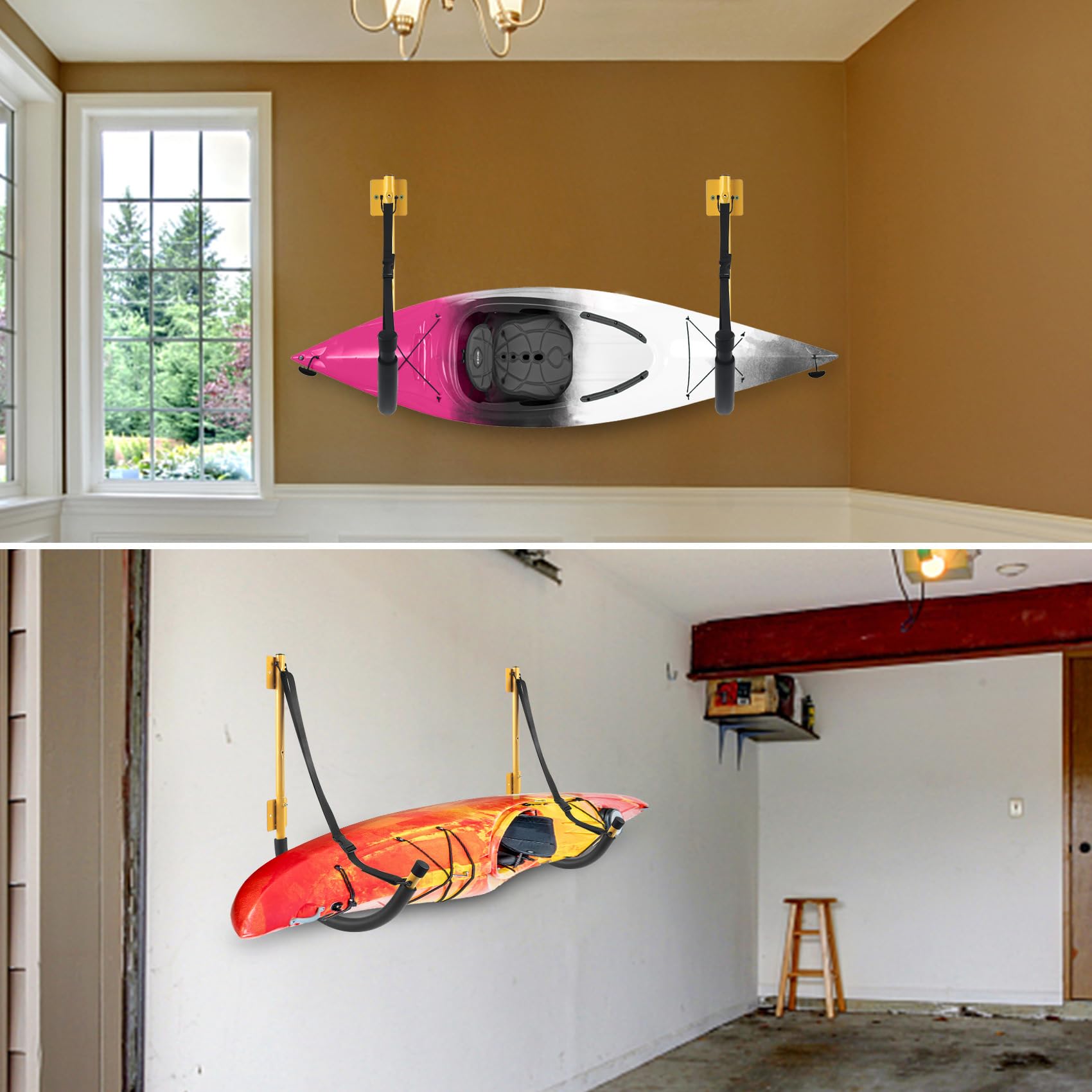 Heavy Duty Kayak Wall Mount Storage Rack with Straps - 100 LB Capacity Kayak Hanger for Garage, Paddle Boards, Surfboards, Bikes, Ladders, SUP & Snowboard - Perfect for Garage, Shed or Outdoor Storage Organization