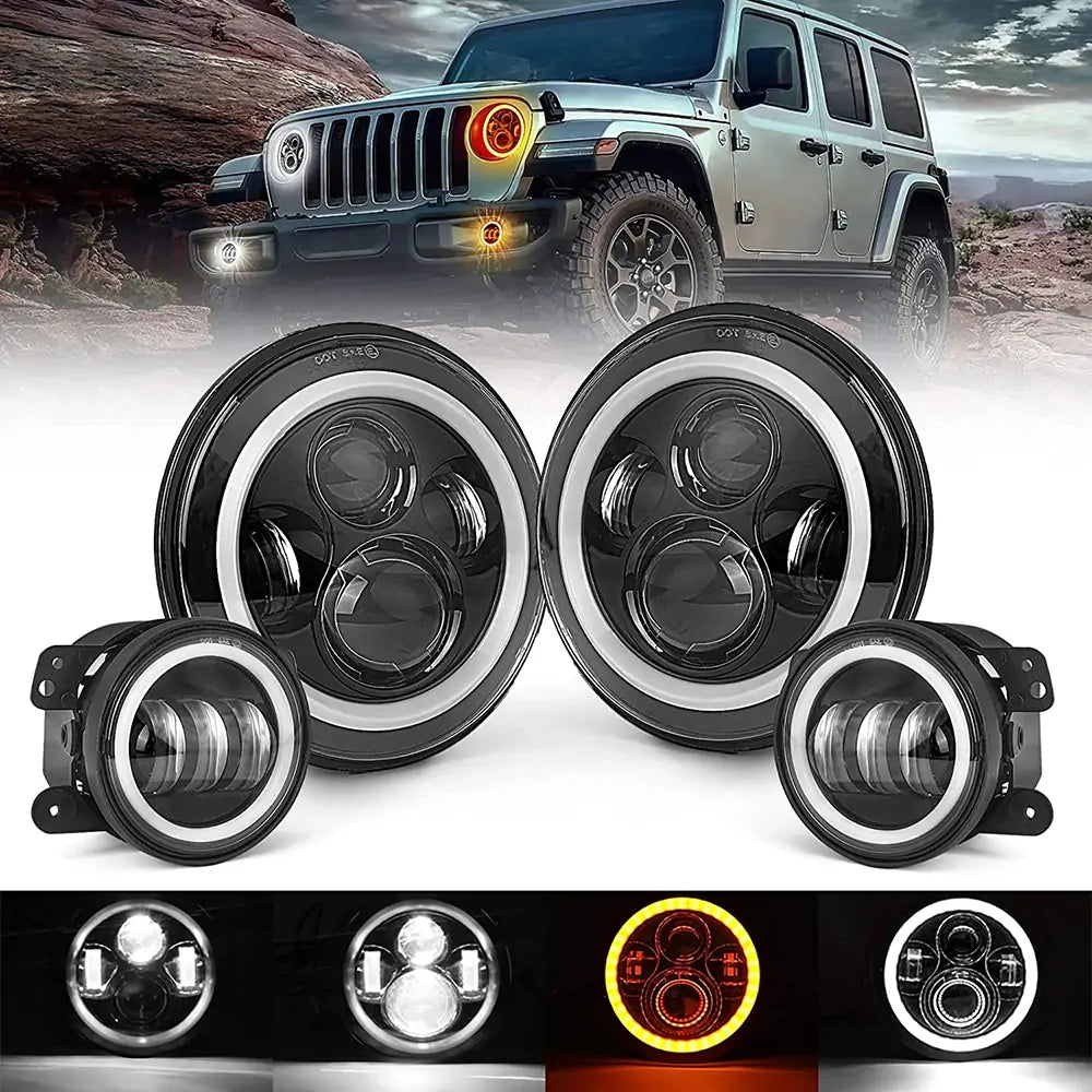 LOYO LED Halo Headlights with Amber Turn Signal + LED Halo Fog Lights Kit Compatible with 2007-2018 Jeep Wrangler JK - Upgrade Lighting for Off-Road Adventures & Night Driving