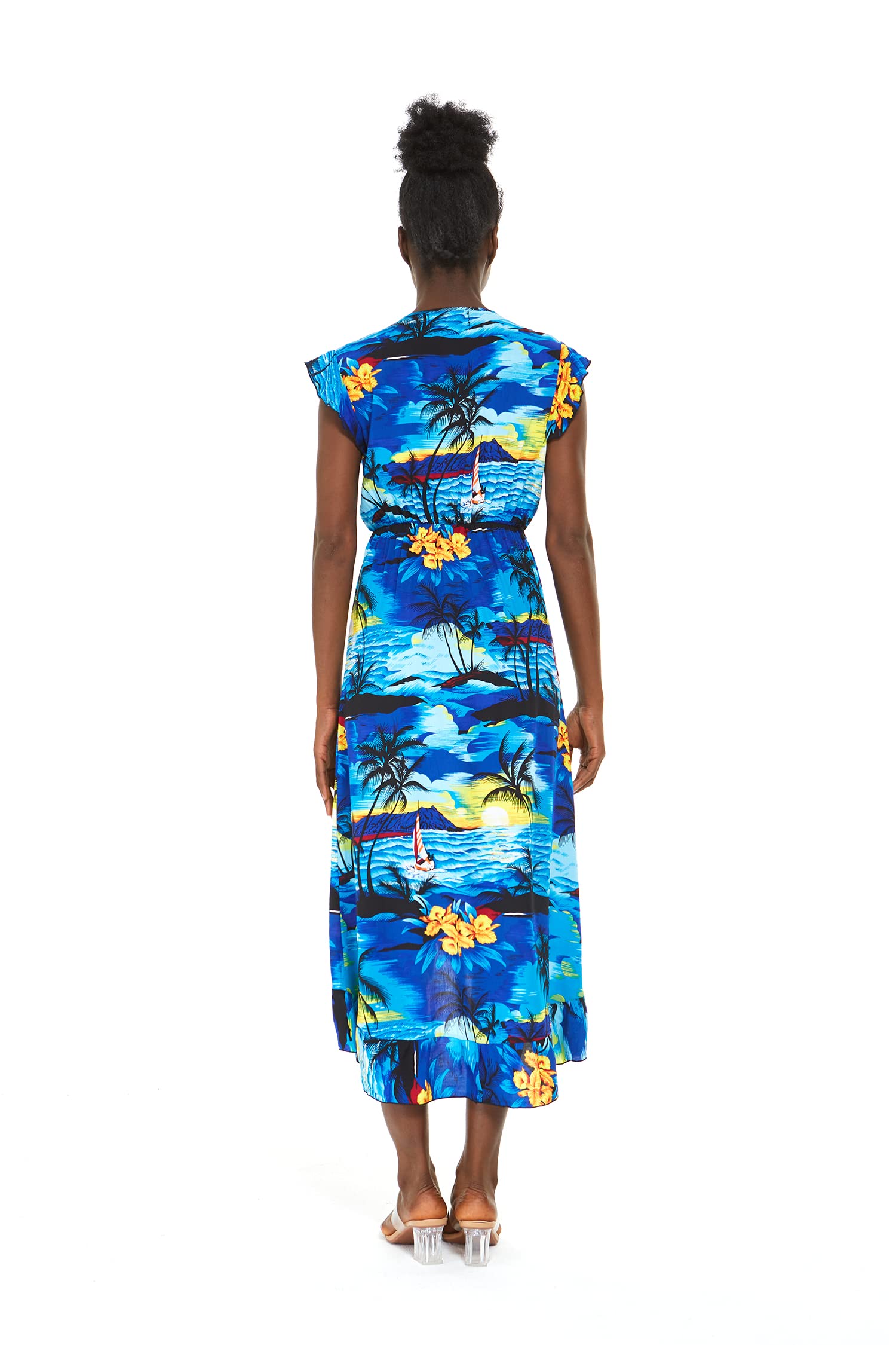 Hawaiian Luau Wrap Ruffle Dress for Women - Floral Hibiscus Vine Print - Perfect for Beach Parties, Summer Vacations & Tropical Getaways
