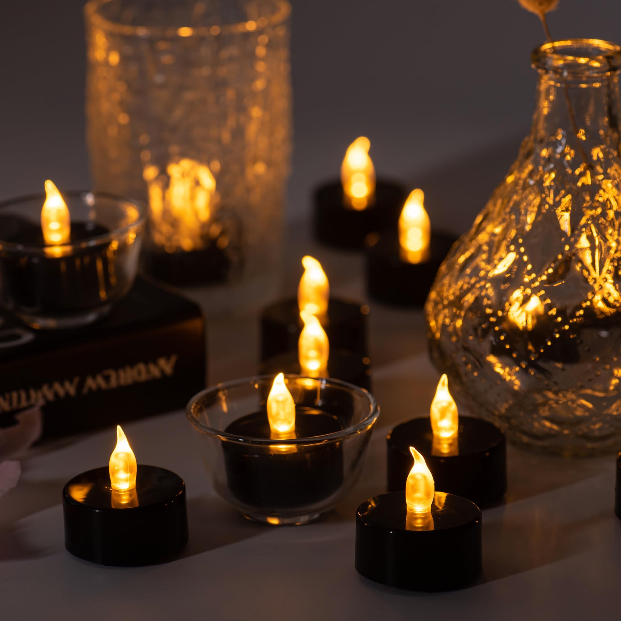 40 Pack Long-Lasting Black Flameless Tealight Candles with Batteries Included - Realistic Flickering LED Tea Lights for Halloween Decorations, Weddings, Parties & Home Ambiance