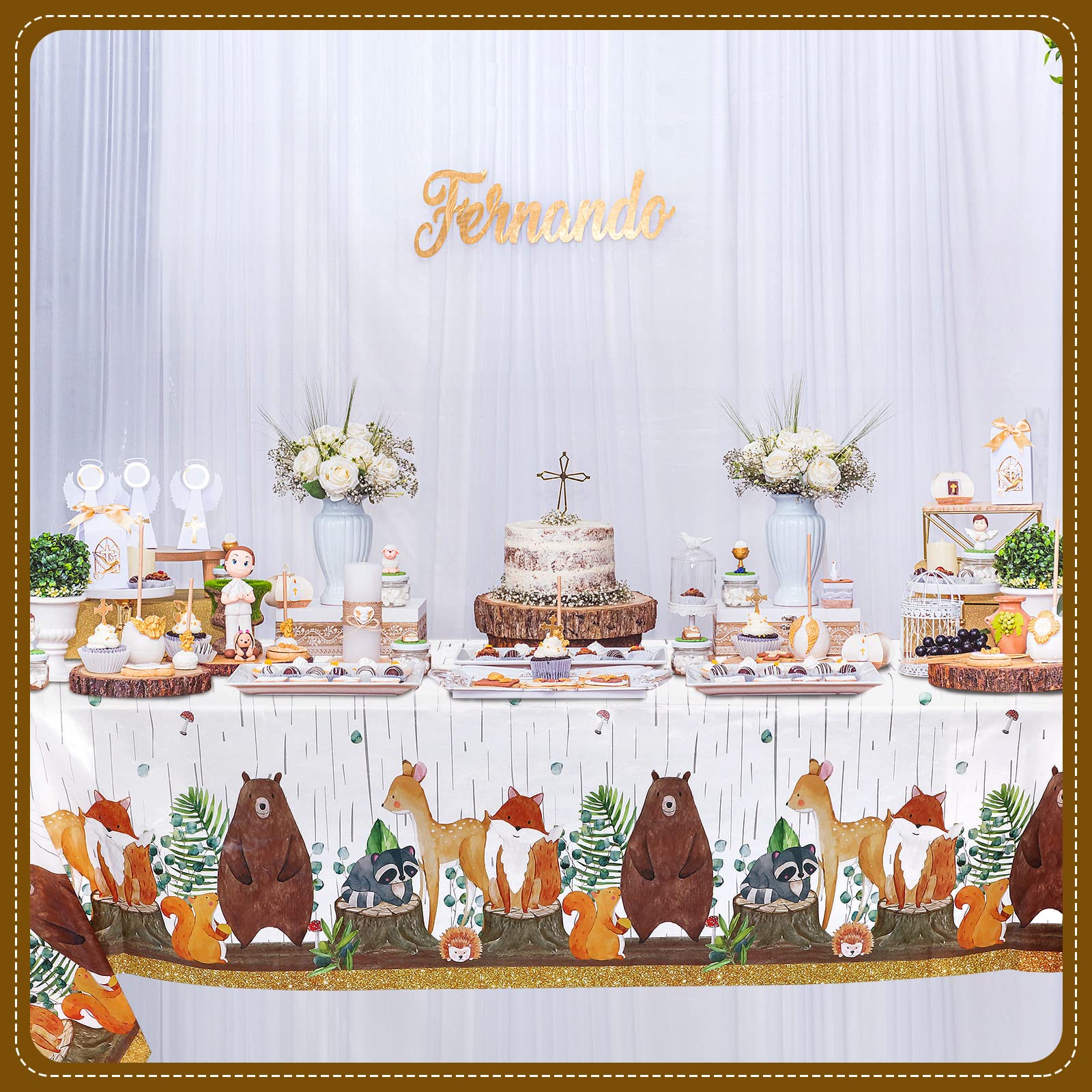 Dianelhall 3-Piece Woodland Tablecloth Set - Forest Animals Baby Shower Decorations, Cute Woodland Theme Table Covers for Boys Baby Shower Party, Birthday, Nursery Decor & Outdoor Picnic