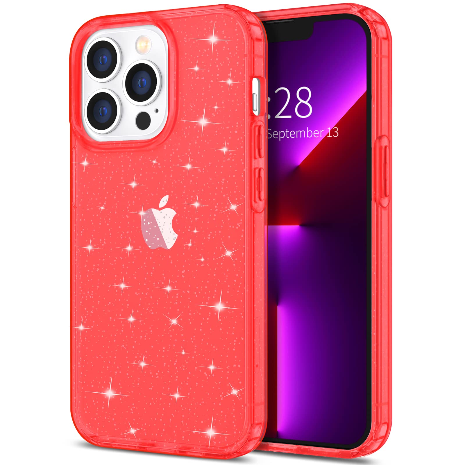 Hython Glitter Case for iPhone 13 Pro Max - Sparkly Clear Bling Shockproof Protective Cover | Anti-Scratch Hard PC Slim Fit Phone Case for Women & Girls (Red Glitter) | Perfect for Everyday Use, Parties & Gifts