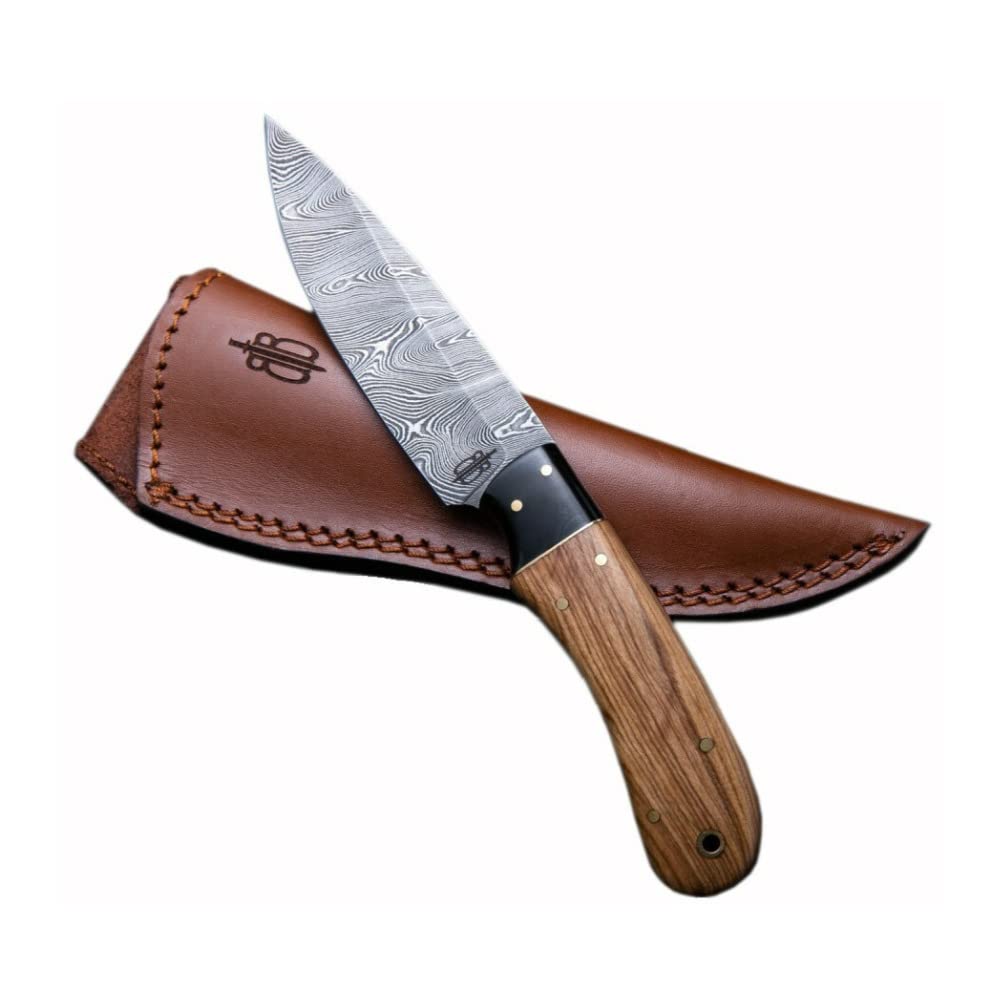 BucknBear Handmade Damascus Steel Hunting Knife with Leather Sheath & Sharpening Stone - Fixed Blade Outdoor Knife for Camping, Hunting, and Survival Gear