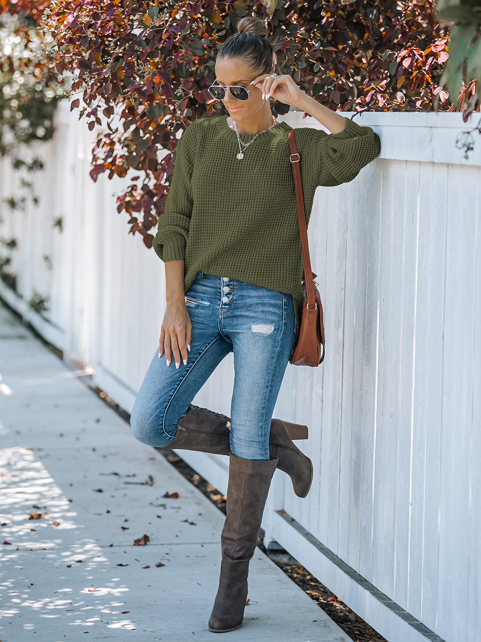 MEROKEETY Women's 2024 Fall Waffle Knit Sweater - Long Balloon Sleeve Loose Pullover Jumper | Casual Autumn Knitwear for Work, Dating & Weekend Outfits