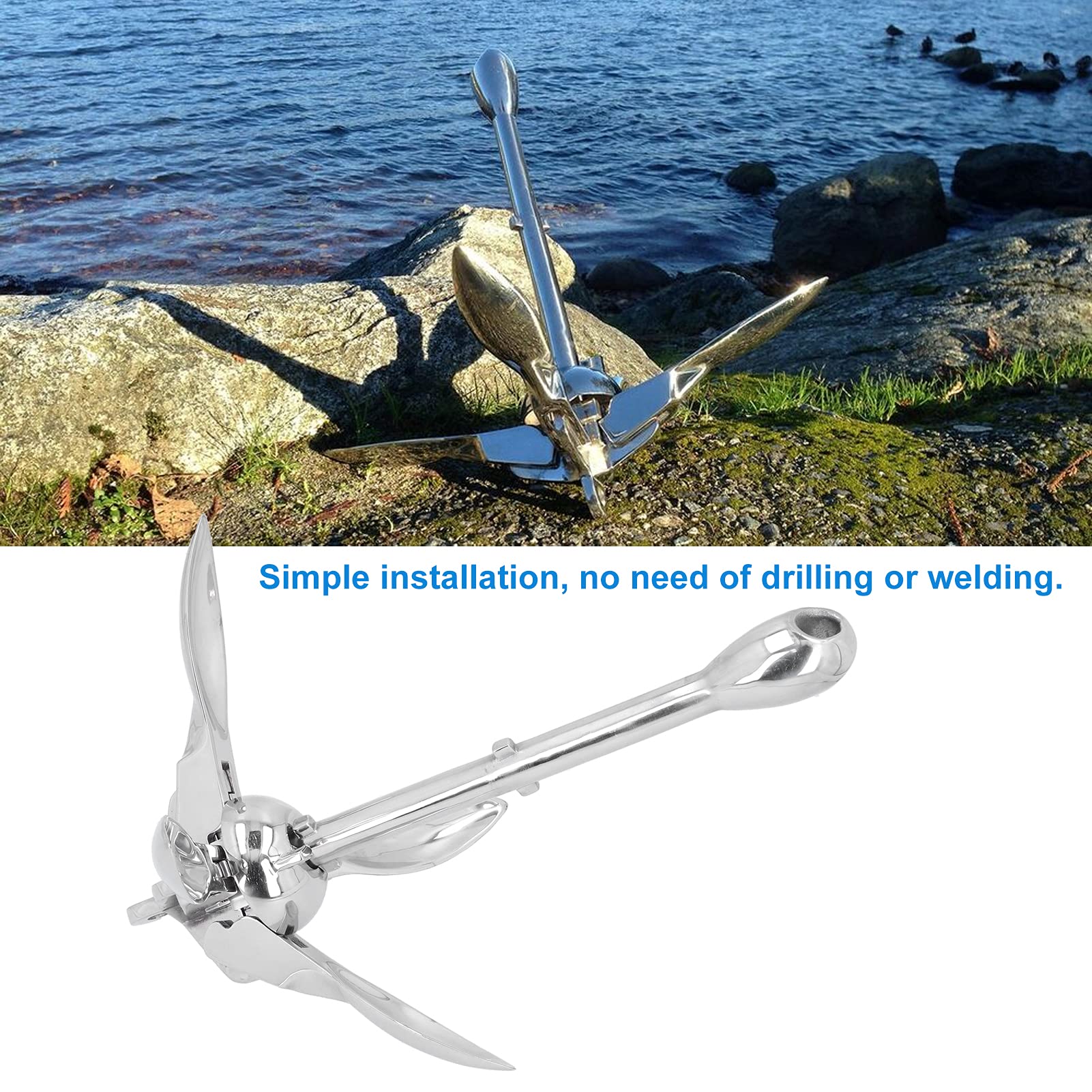 KIMISS 7lbs Foldable Grapnel Boat Anchor - 316 Stainless Steel Marine Hardware for Yachts, Fishing Boats & Small Watercraft | Perfect for Shallow Waters, Kayaking & Dinghy Mooring