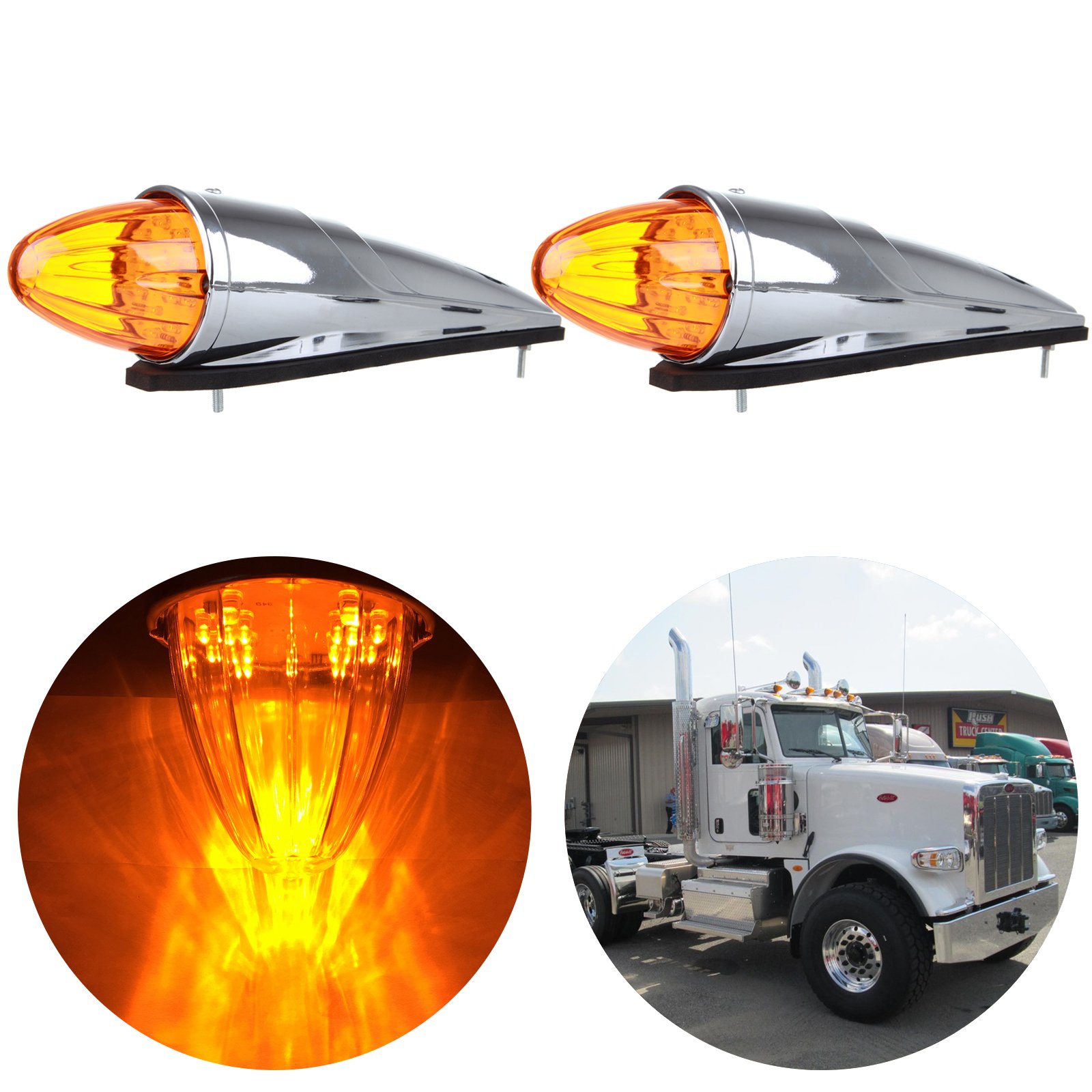 Amber 2PCS 17-Chrome Torpedo Cab Marker Lights with Clear Lens for Trucks & Trailers - Compatible with Peterbilt, Kenworth, Freightliner, Volvo, Mack - Perfect for Roof Running & Clearance Lighting