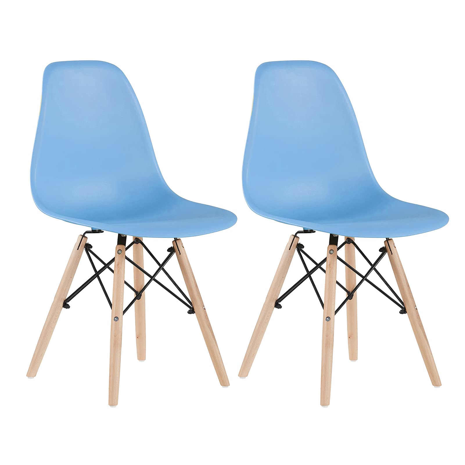 ZTGD 2-Piece Set Light Blue Plastic Dining Chairs with Wooden Legs - Ergonomic Dressing Stool for Home, Cafe & Office - Comfortable Leisure Chairs for Indoor & Outdoor Use